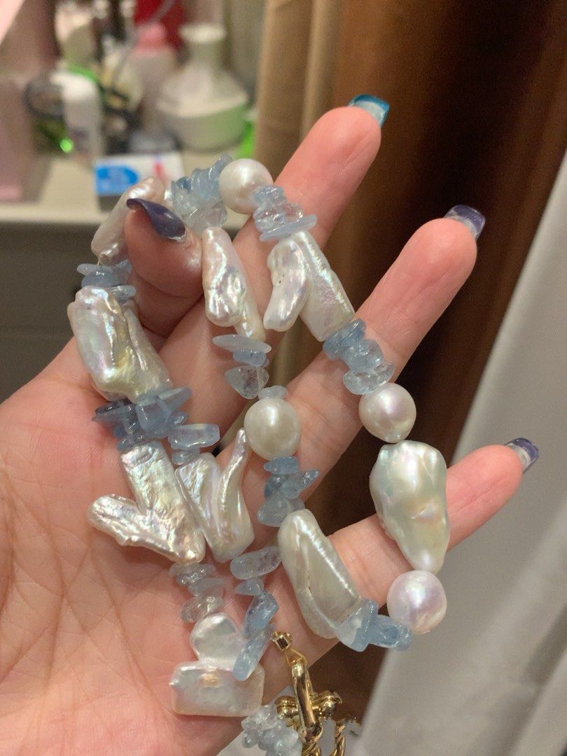 #PN218 Big Baroque Pearl Necklace & Bracelet Set |Aquamarine|Glove Shaped Pearl |Elegant |Bold|Oversized Pearl