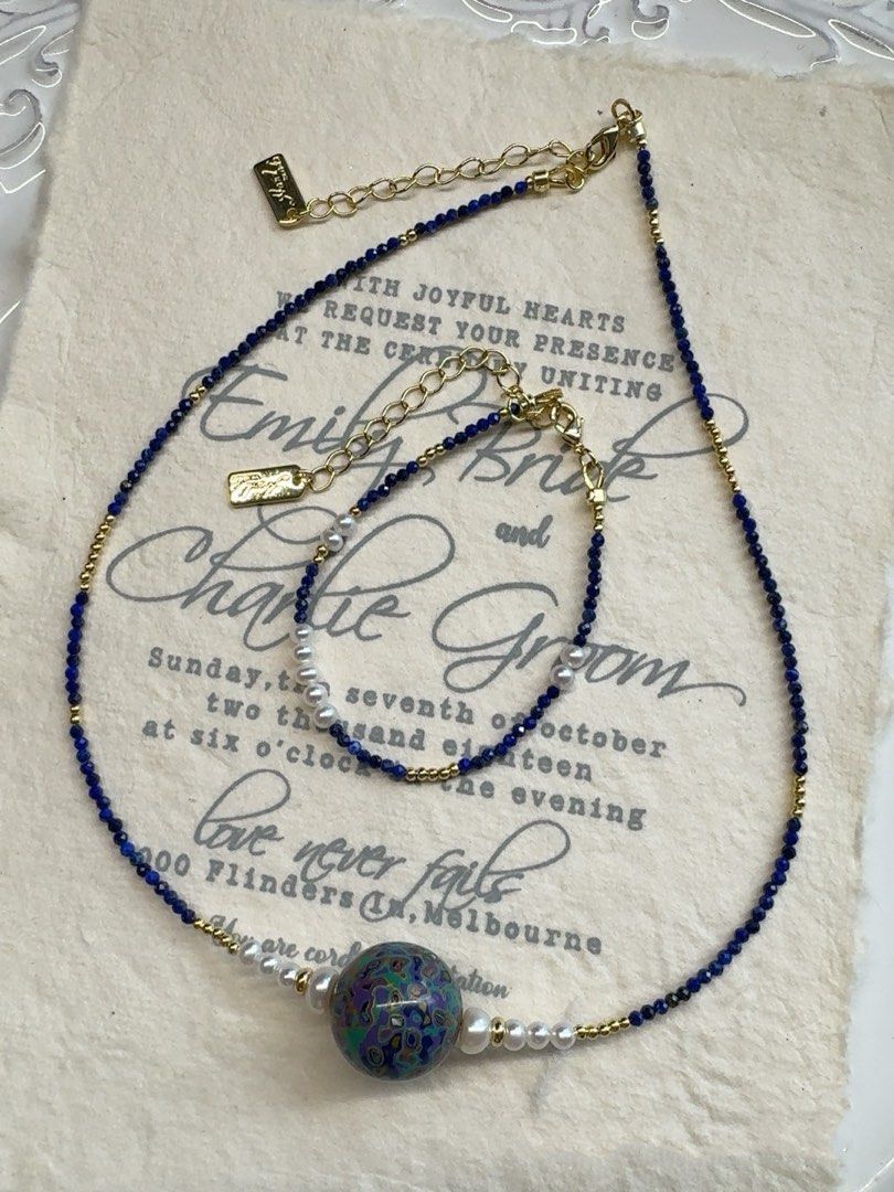 #PN233 Minimalist Chic| Freshwater Pearl Necklace & Bracelet Set | Lapis Lazuli | Baroque Pearl
