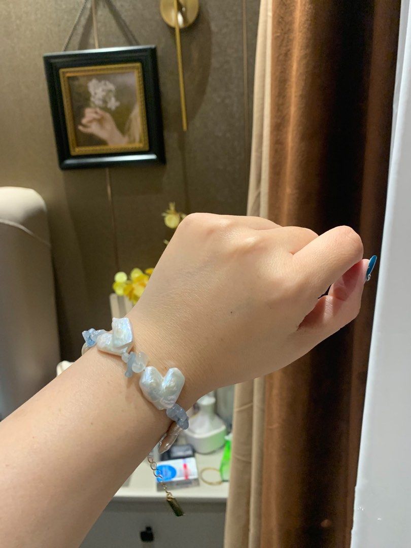 #PN218 Big Baroque Pearl Necklace & Bracelet Set |Aquamarine|Glove Shaped Pearl |Elegant |Bold|Oversized Pearl