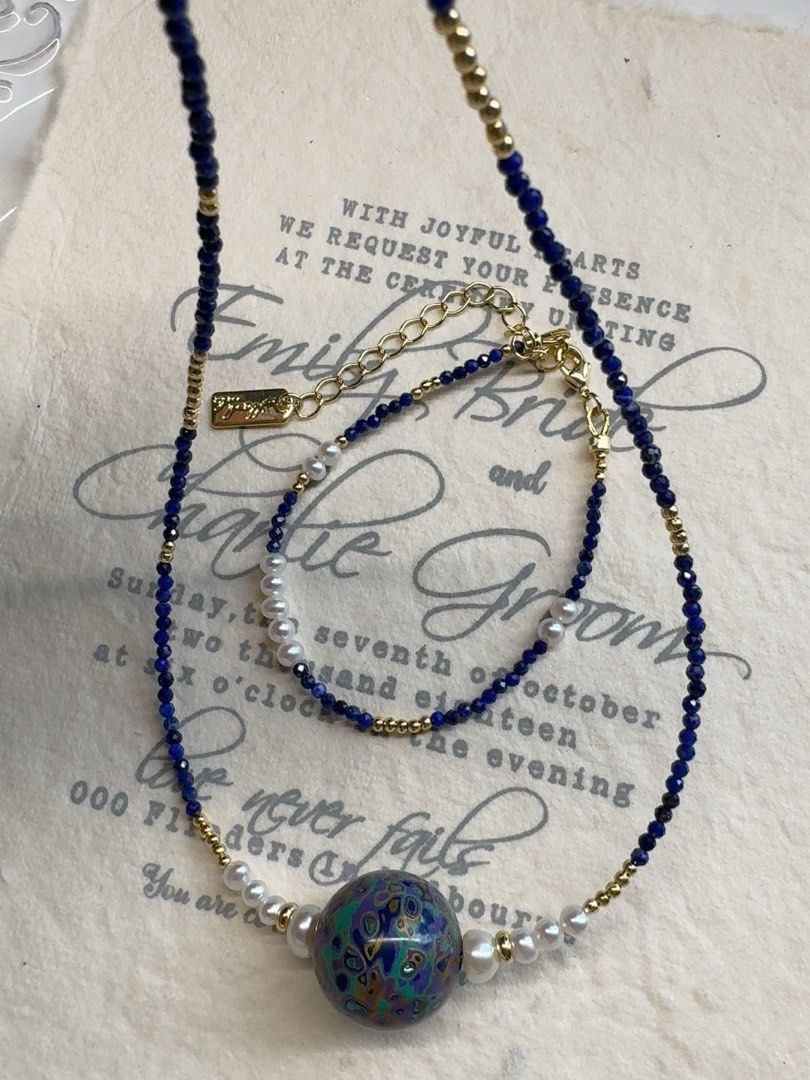 #PN233 Minimalist Chic| Freshwater Pearl Necklace & Bracelet Set | Lapis Lazuli | Baroque Pearl