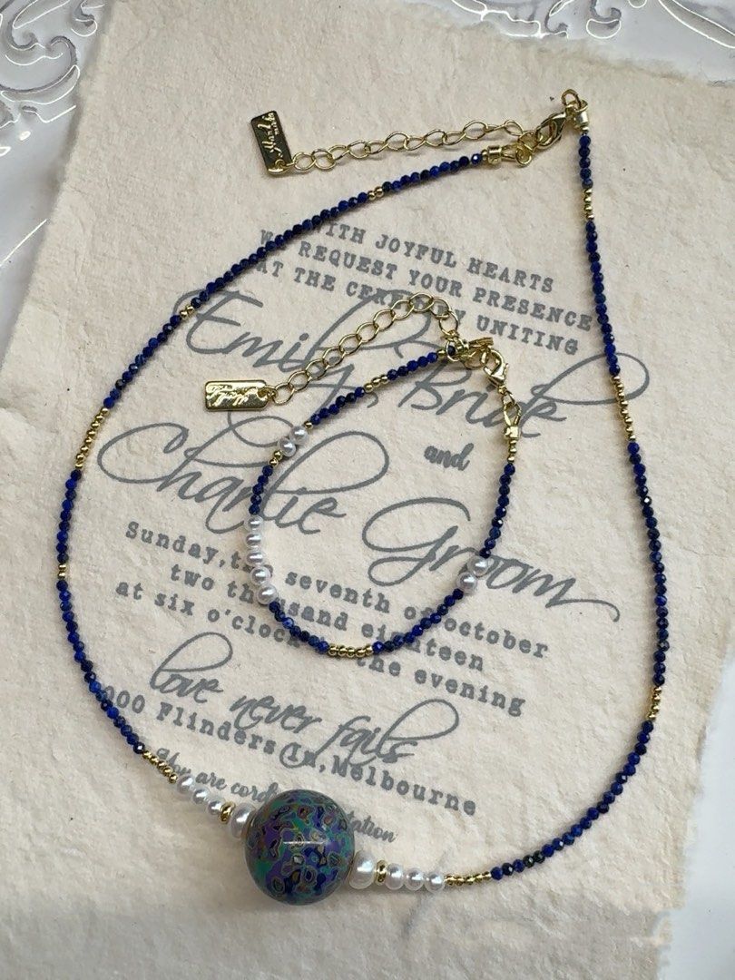 #PN233 Minimalist Chic| Freshwater Pearl Necklace & Bracelet Set | Lapis Lazuli | Baroque Pearl