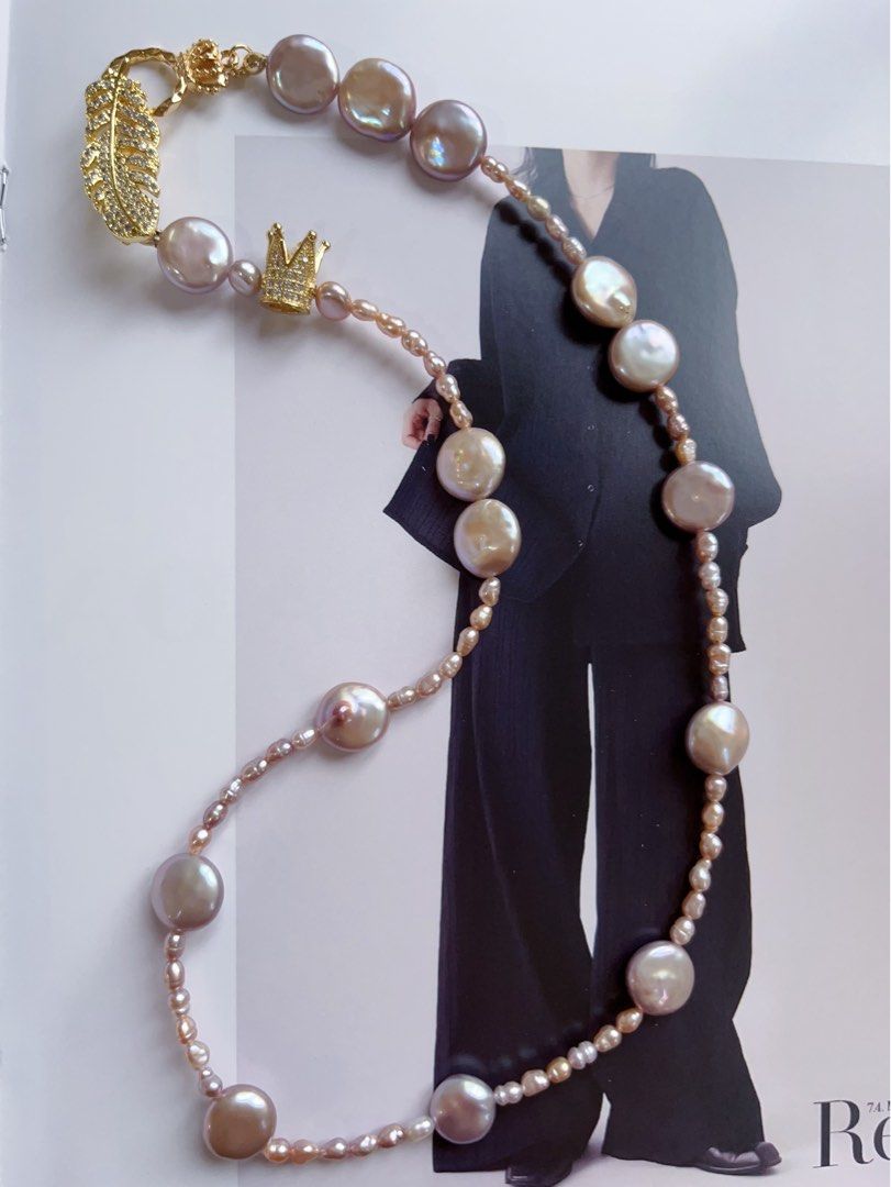 #PN105 [Sale] Original Design & Handmade|Freshwater Pearl Necklace |Baby Baroque Pearl & Button Pearl |Feather & Crown