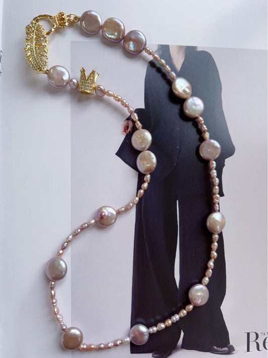 #PN105 [Sale] Original Design & Handmade|Freshwater Pearl Necklace |Baby Baroque Pearl & Button Pearl |Feather & Crown