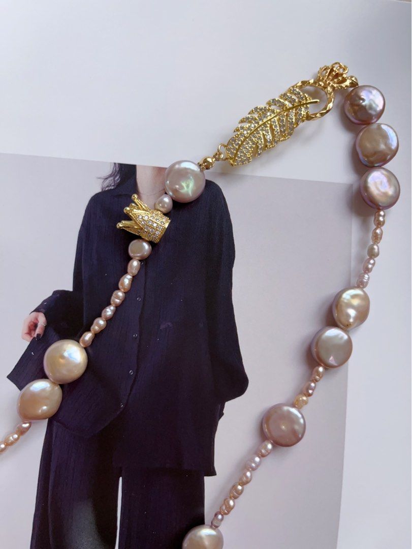 #PN105 [Sale] Original Design & Handmade|Freshwater Pearl Necklace |Baby Baroque Pearl & Button Pearl |Feather & Crown
