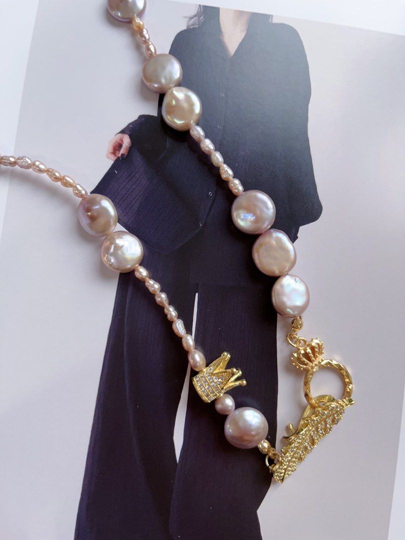 #PN105 [Sale] Original Design & Handmade|Freshwater Pearl Necklace |Baby Baroque Pearl & Button Pearl |Feather & Crown