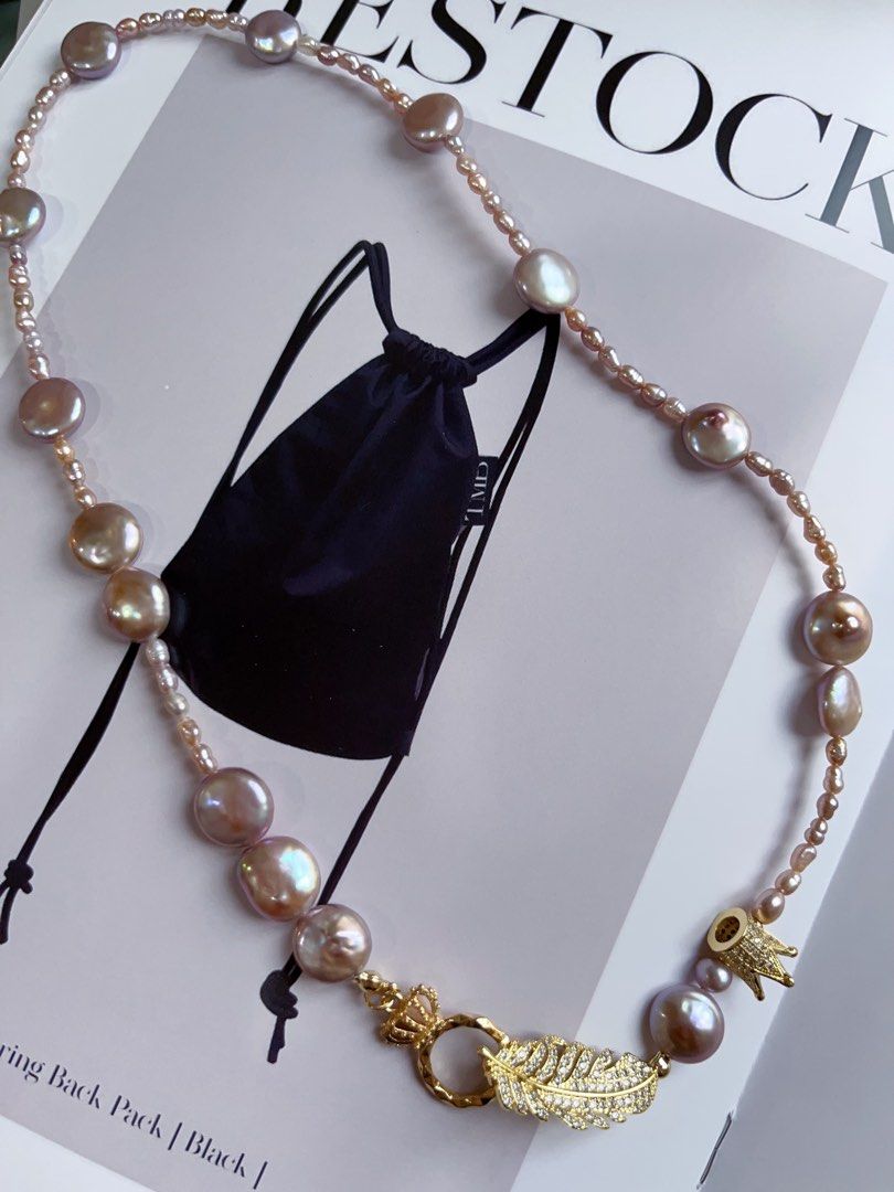 #PN105 [Sale] Original Design & Handmade|Freshwater Pearl Necklace |Baby Baroque Pearl & Button Pearl |Feather & Crown