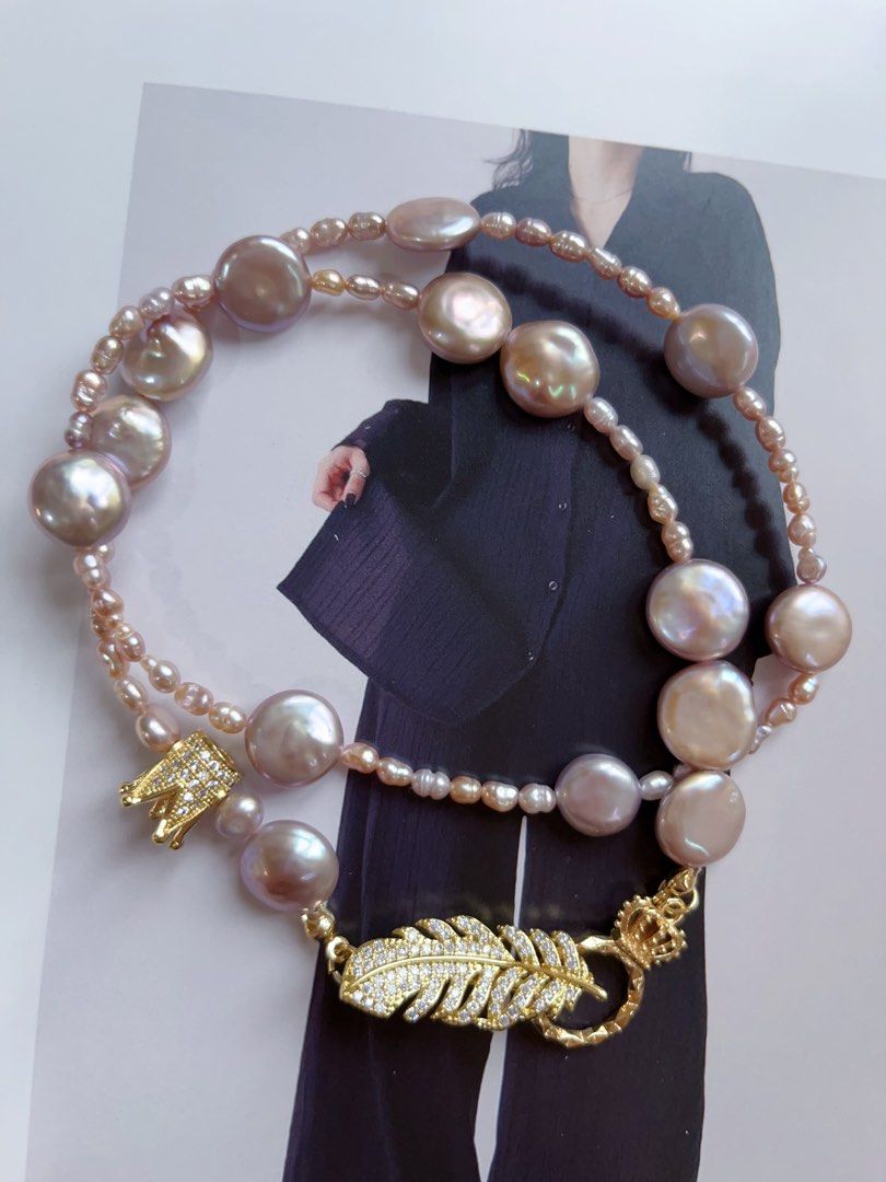 #PN105 [Sale] Original Design & Handmade|Freshwater Pearl Necklace |Baby Baroque Pearl & Button Pearl |Feather & Crown