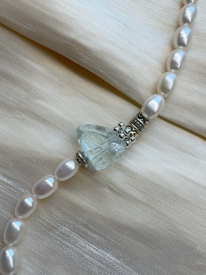 #PN446 White Purity |Freshwater Pearl Necklace |White Quartz |Opal Stone|Purple Square Pearl |Cool Silver