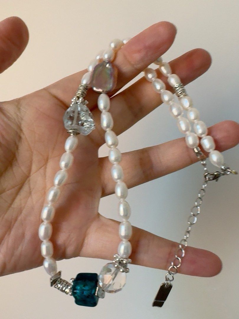 #PN446 White Purity |Freshwater Pearl Necklace |White Quartz |Opal Stone|Purple Square Pearl |Cool Silver