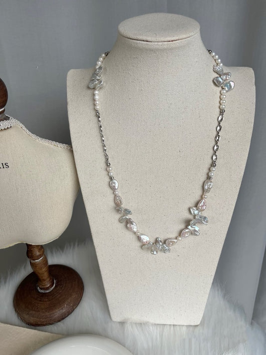 #PN448 Silver Petal|Freshwater Pearl Necklace |Long Chain|Water-drop Shaped Pearl |Silver Grey Lustre|Natural Flaws |63cm