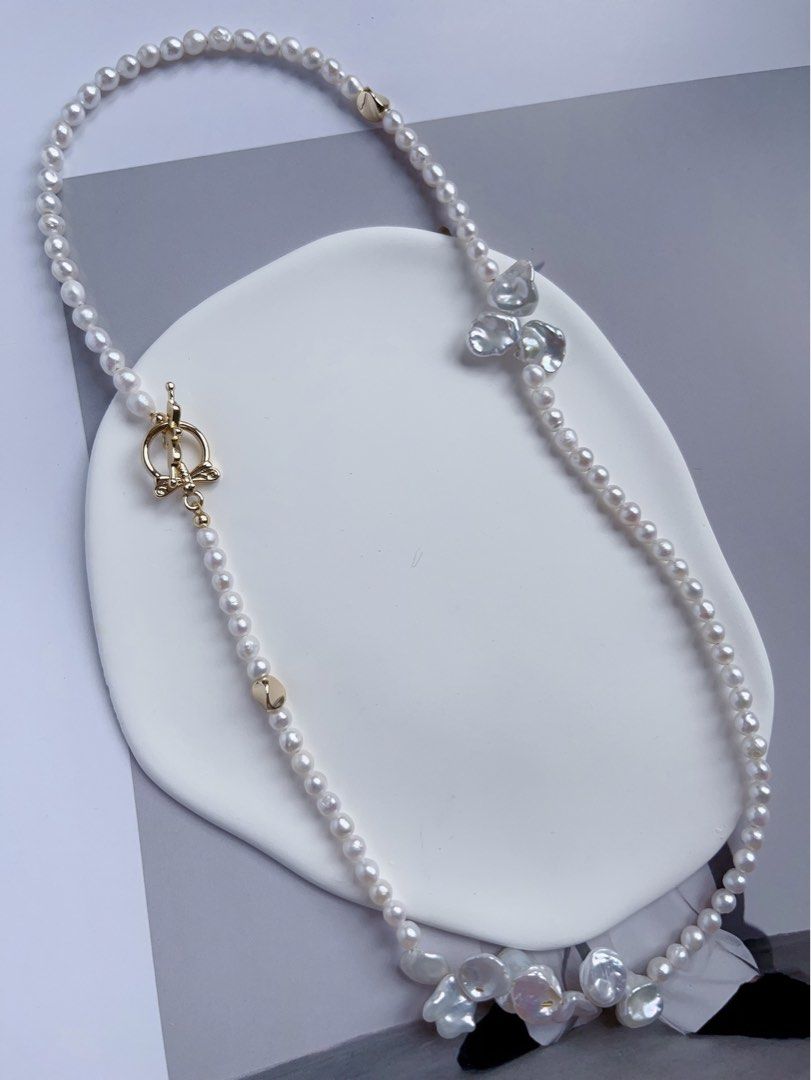 #PN549 [Floral Series] Freshwater Pearl Necklace |Petal Pearls|Silver-ish Lustre |Baby Pearls |Unsymmetrical Design
