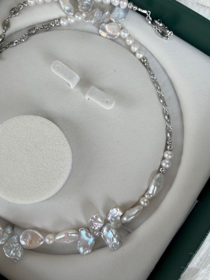 #PN448 Silver Petal|Freshwater Pearl Necklace |Long Chain|Water-drop Shaped Pearl |Silver Grey Lustre|Natural Flaws |63cm