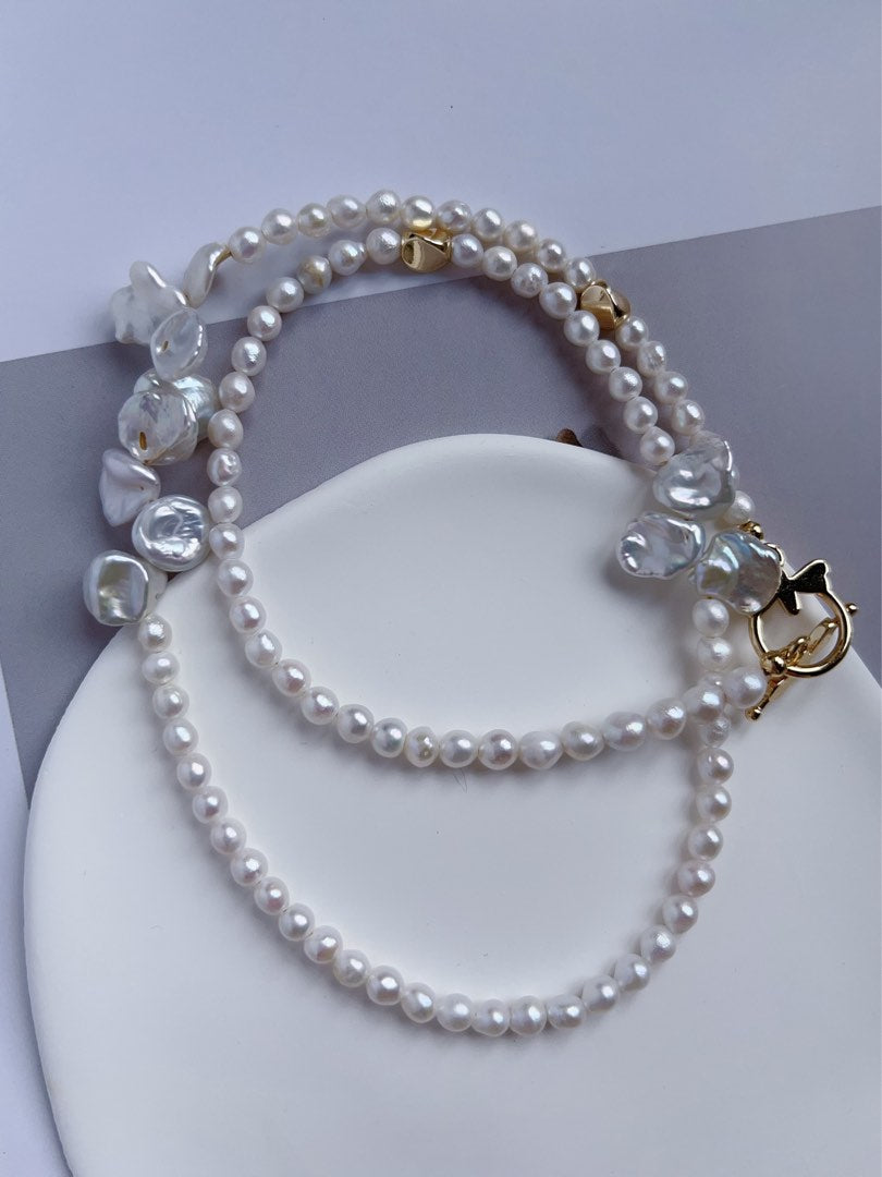 #PN549 [Floral Series] Freshwater Pearl Necklace |Petal Pearls|Silver-ish Lustre |Baby Pearls |Unsymmetrical Design