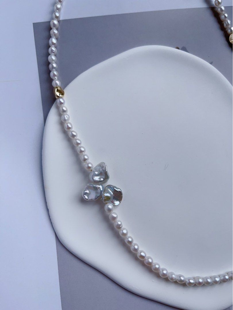 #PN549 [Floral Series] Freshwater Pearl Necklace |Petal Pearls|Silver-ish Lustre |Baby Pearls |Unsymmetrical Design