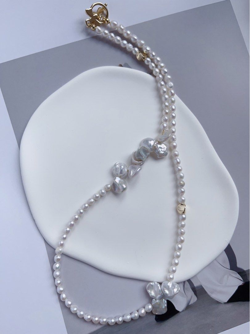 #PN549 [Floral Series] Freshwater Pearl Necklace |Petal Pearls|Silver-ish Lustre |Baby Pearls |Unsymmetrical Design