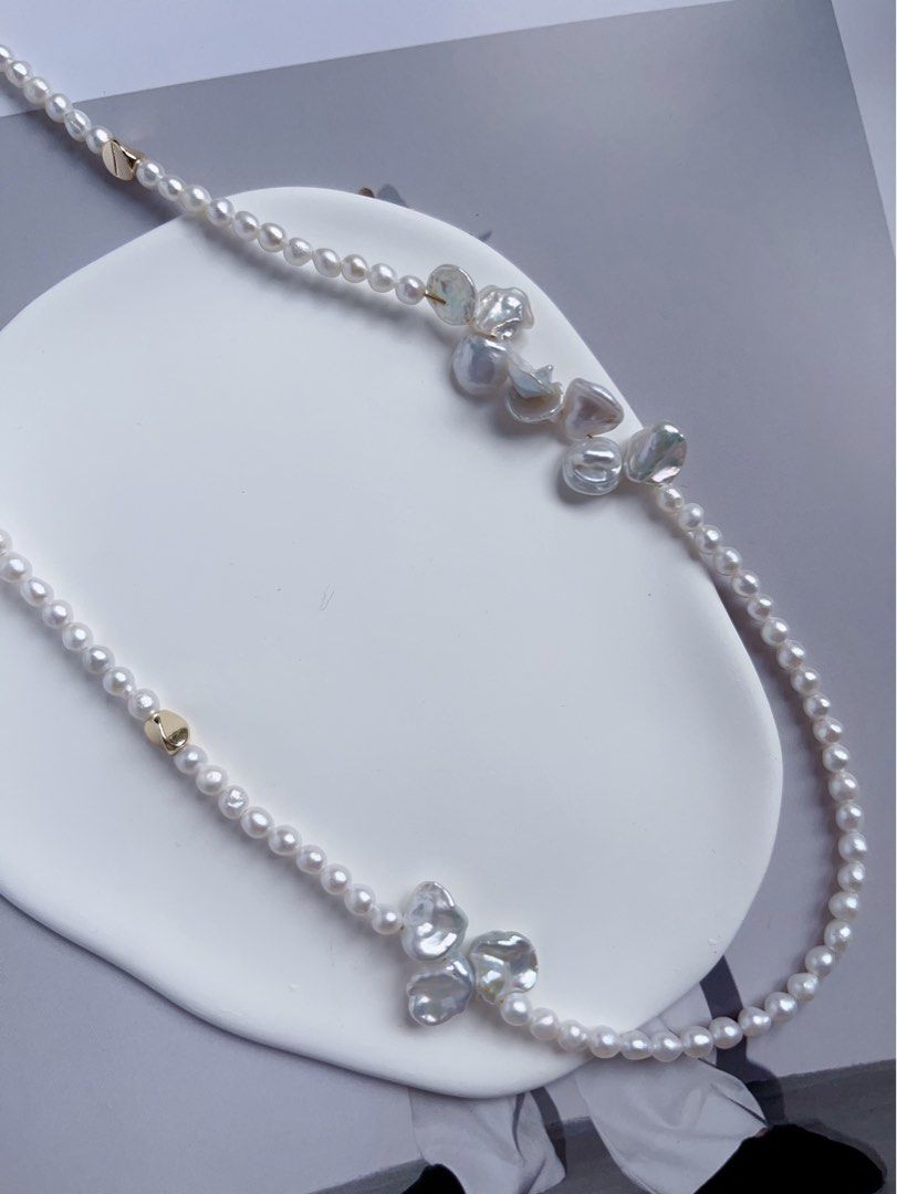 #PN549 [Floral Series] Freshwater Pearl Necklace |Petal Pearls|Silver-ish Lustre |Baby Pearls |Unsymmetrical Design