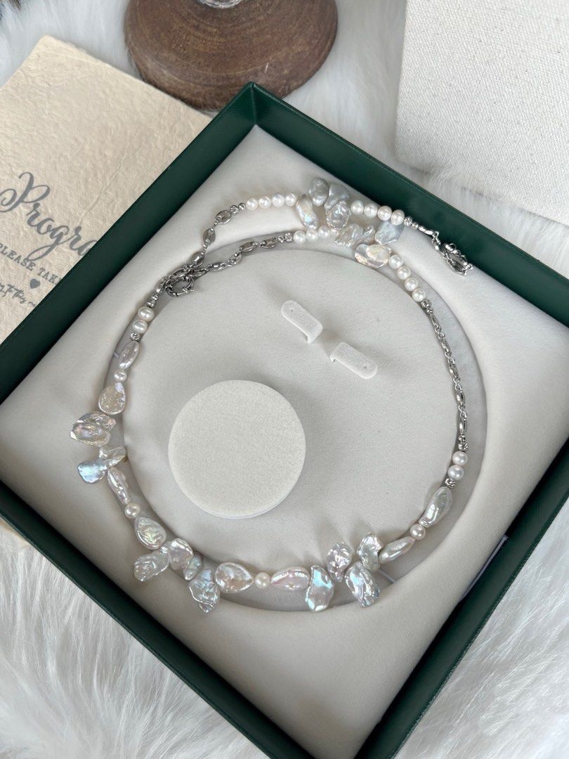 #PN448 Silver Petal|Freshwater Pearl Necklace |Long Chain|Water-drop Shaped Pearl |Silver Grey Lustre|Natural Flaws |63cm