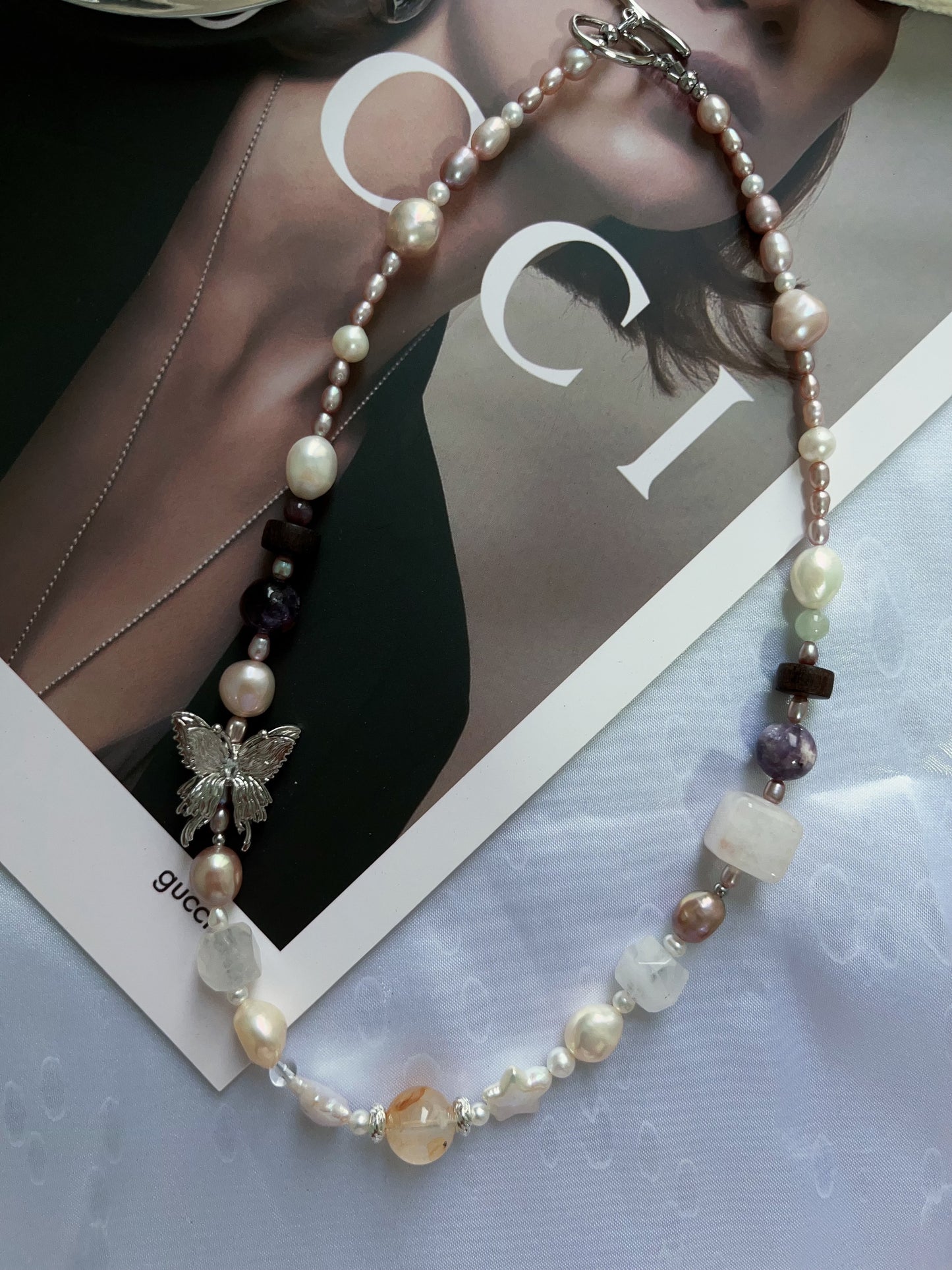 #PN1202 freshwater Pearl necklace butterfly charm purple lepidolite herkimer clear quartz citrine star baroque
