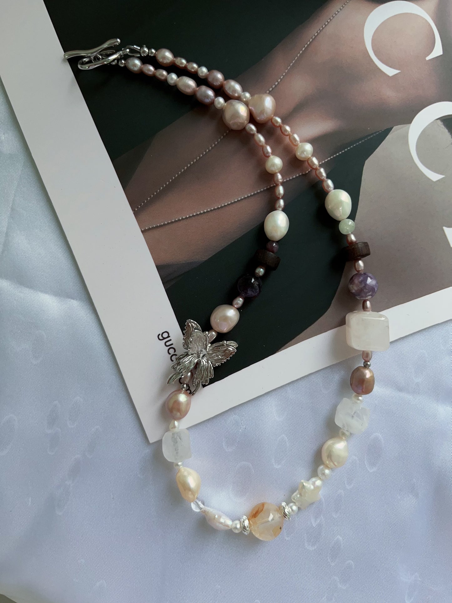 #PN1202 freshwater Pearl necklace butterfly charm purple lepidolite herkimer clear quartz citrine star baroque
