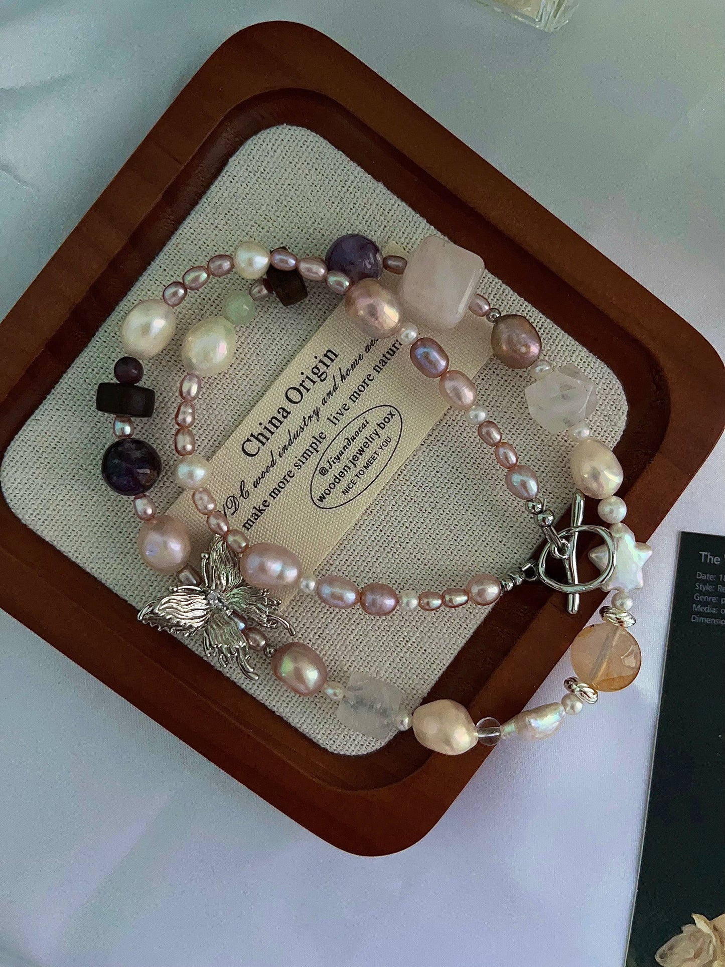 #PN1202 freshwater Pearl necklace butterfly charm purple lepidolite herkimer clear quartz citrine star baroque