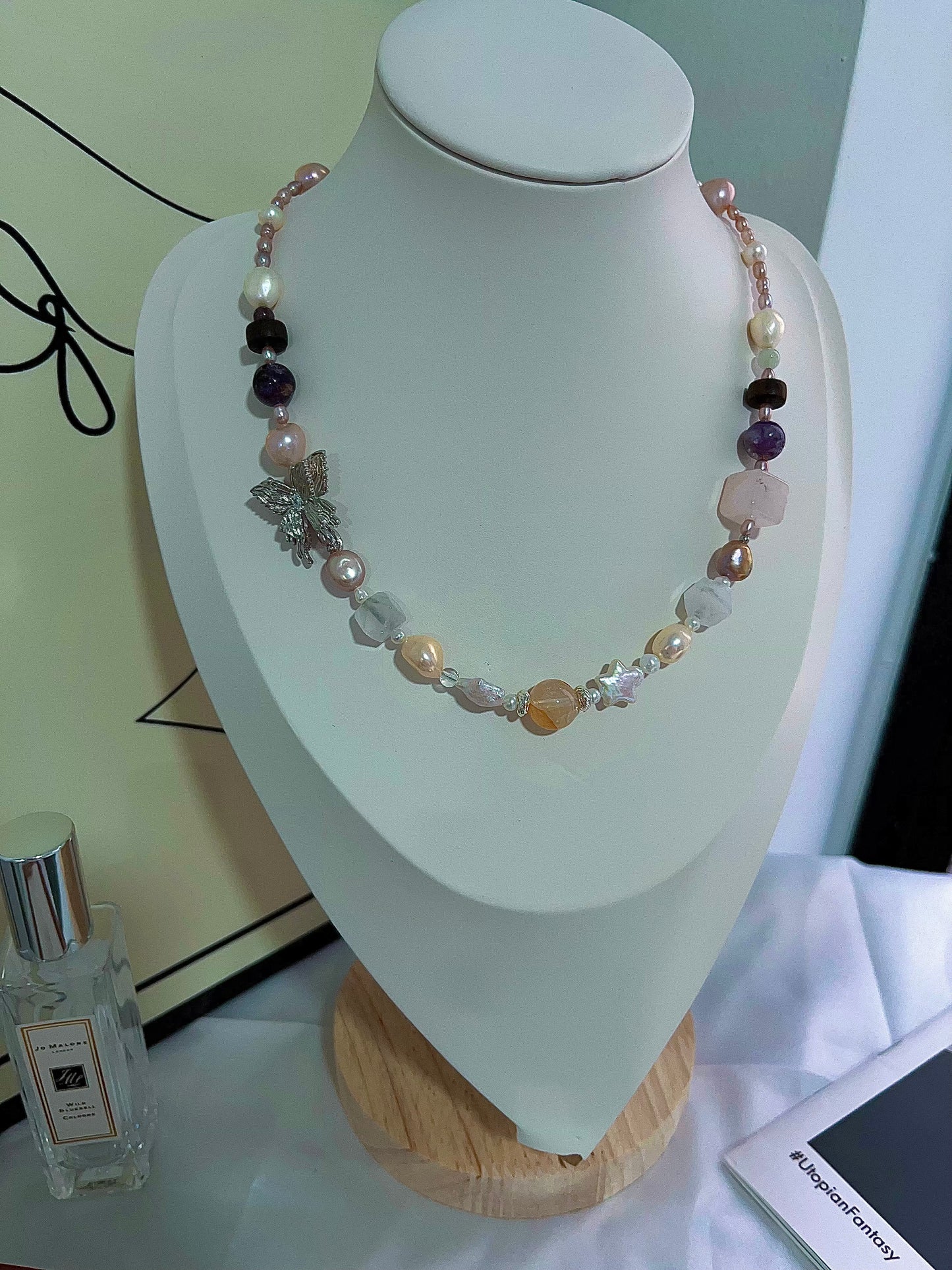 #PN1202 freshwater Pearl necklace butterfly charm purple lepidolite herkimer clear quartz citrine star baroque