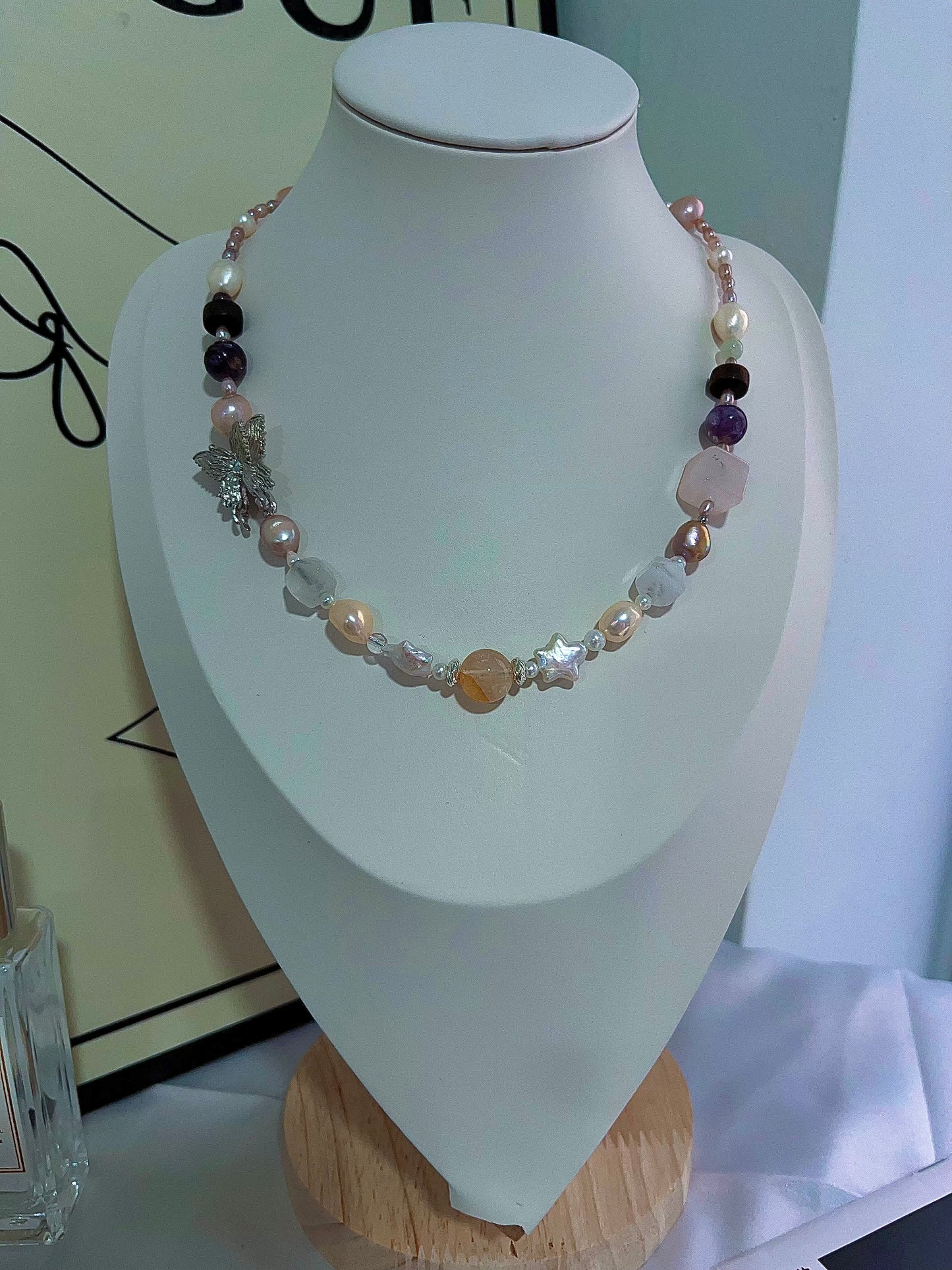 #PN1202 freshwater Pearl necklace butterfly charm purple lepidolite herkimer clear quartz citrine star baroque