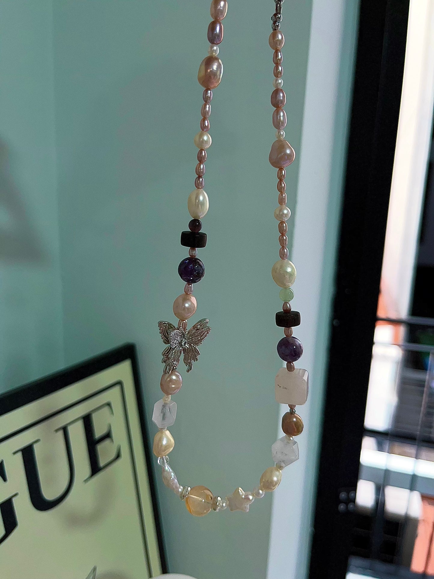 #PN1202 freshwater Pearl necklace butterfly charm purple lepidolite herkimer clear quartz citrine star baroque