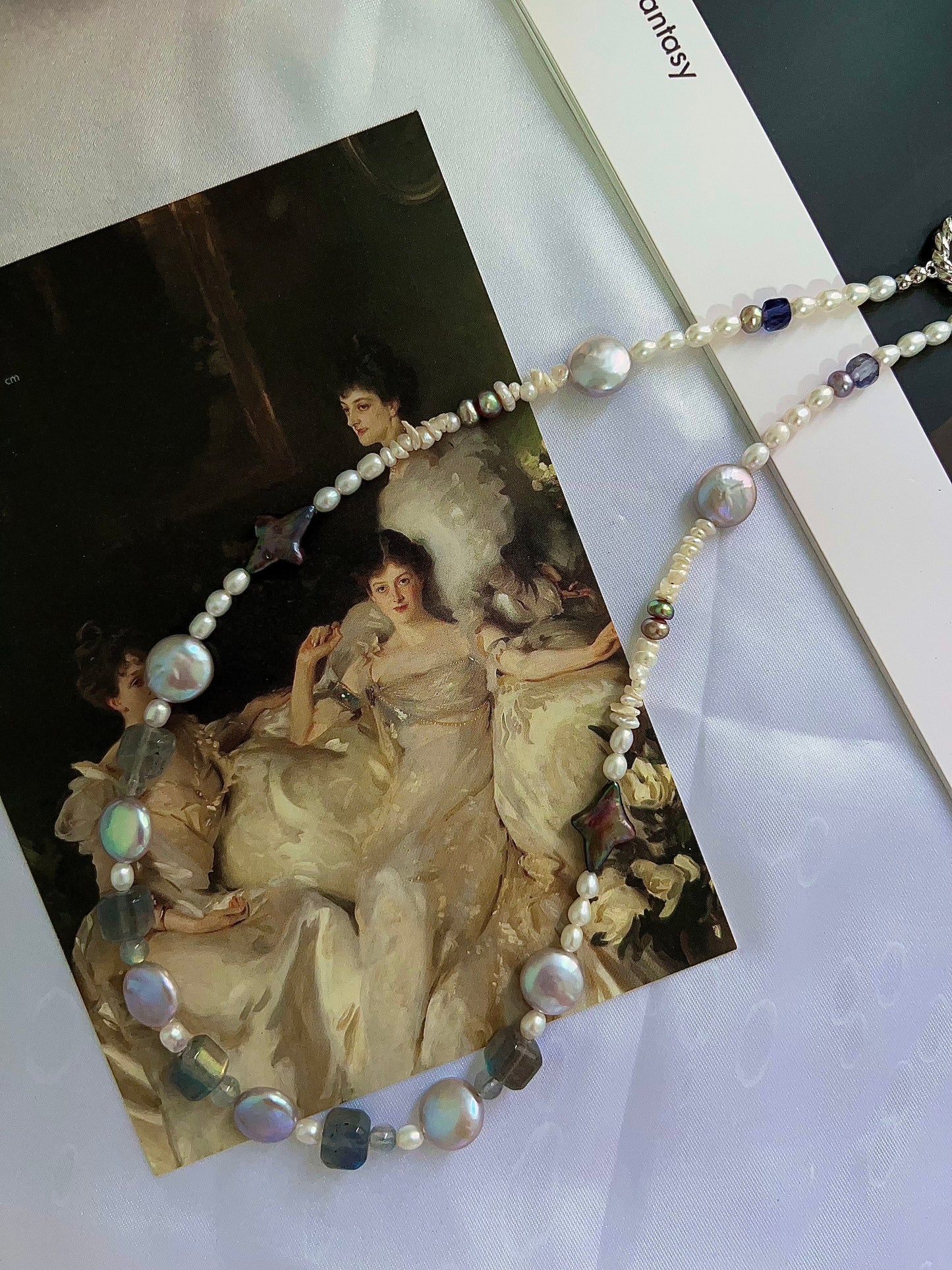 #PN1200 freshwater pearl necklace metallic star labradorite cube strong sheen lustrous purple button baroque