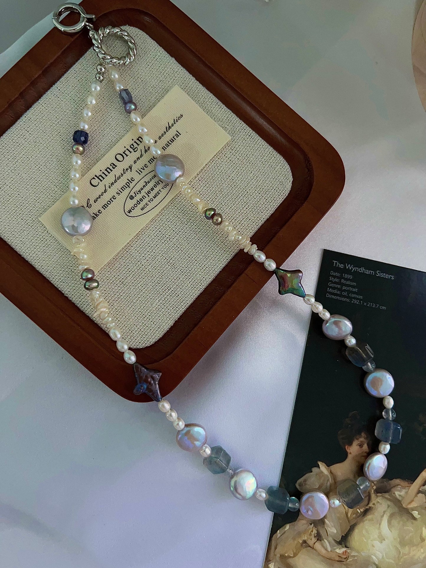 #PN1200 freshwater pearl necklace metallic star labradorite cube strong sheen lustrous purple button baroque