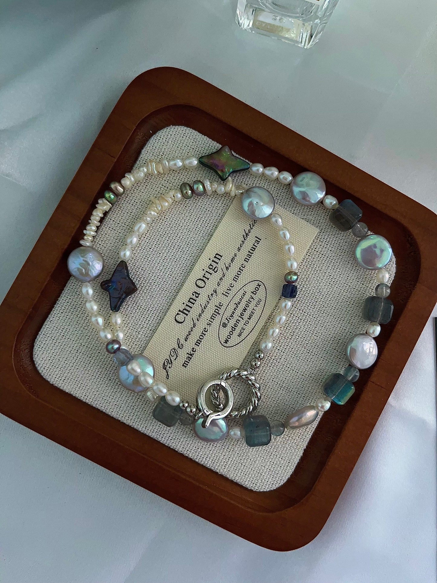 #PN1200 freshwater pearl necklace metallic star labradorite cube strong sheen lustrous purple button baroque