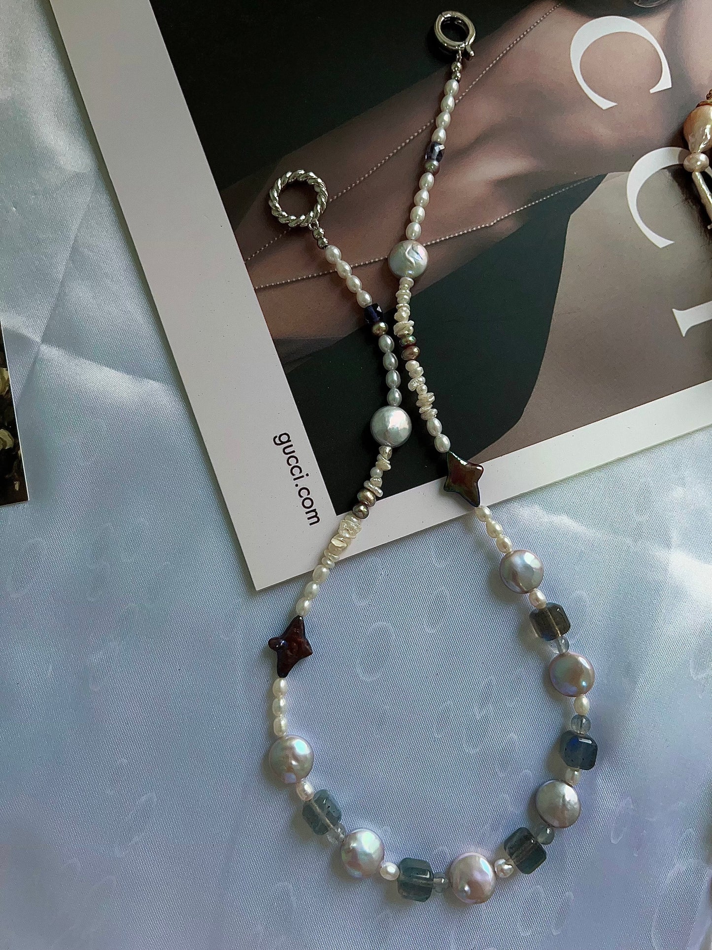 #PN1200 freshwater pearl necklace metallic star labradorite cube strong sheen lustrous purple button baroque