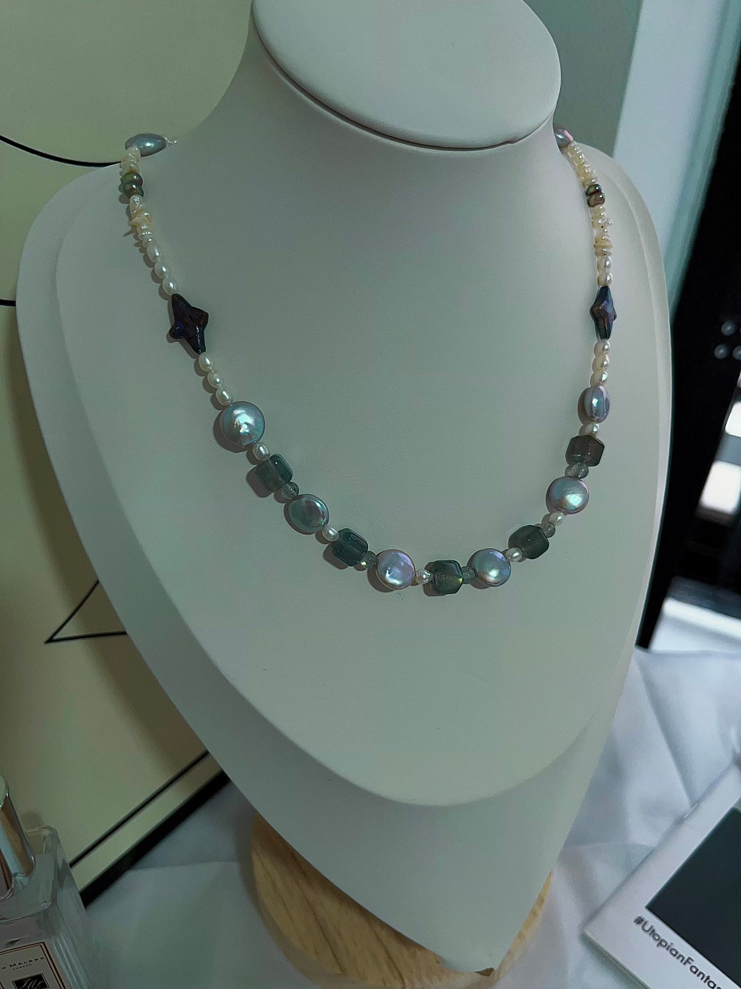 #PN1200 freshwater pearl necklace metallic star labradorite cube strong sheen lustrous purple button baroque