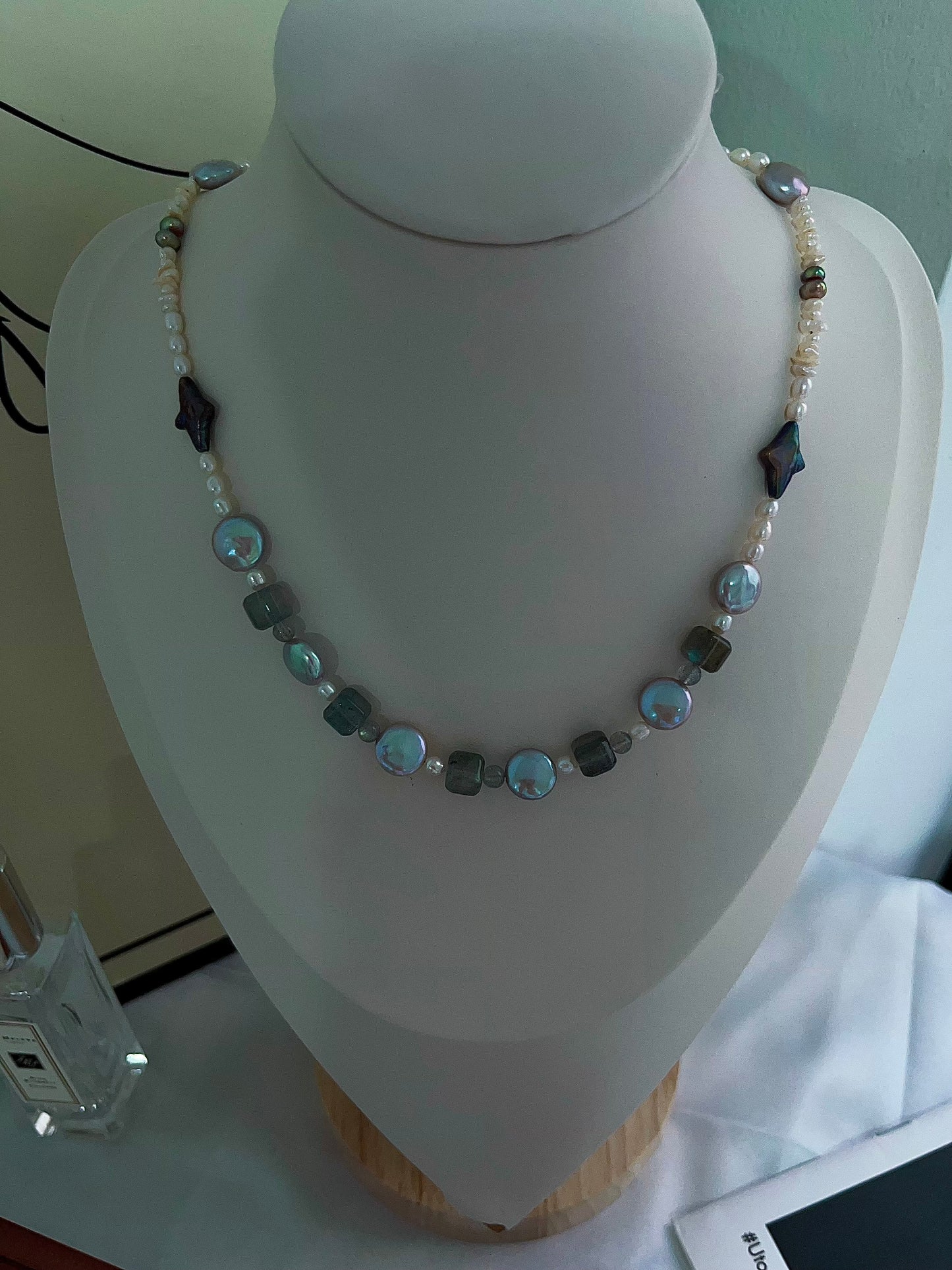 #PN1200 freshwater pearl necklace metallic star labradorite cube strong sheen lustrous purple button baroque