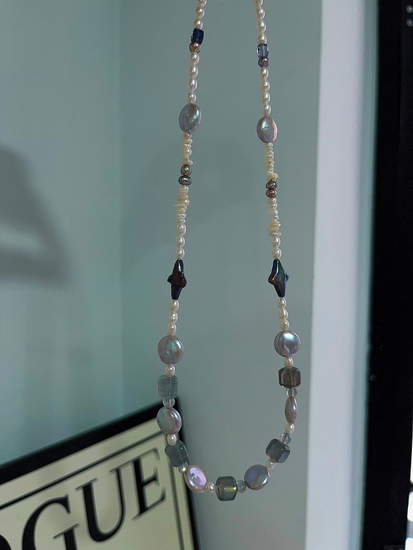 #PN1200 freshwater pearl necklace metallic star labradorite cube strong sheen lustrous purple button baroque