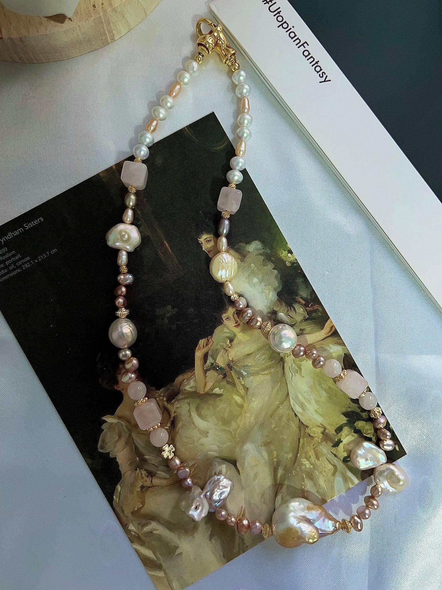 #PN1204 freshwater Pearl necklace rose quartz cube wrinkle baroque lustrous petals golden fishtail baroque metallic rice pearl