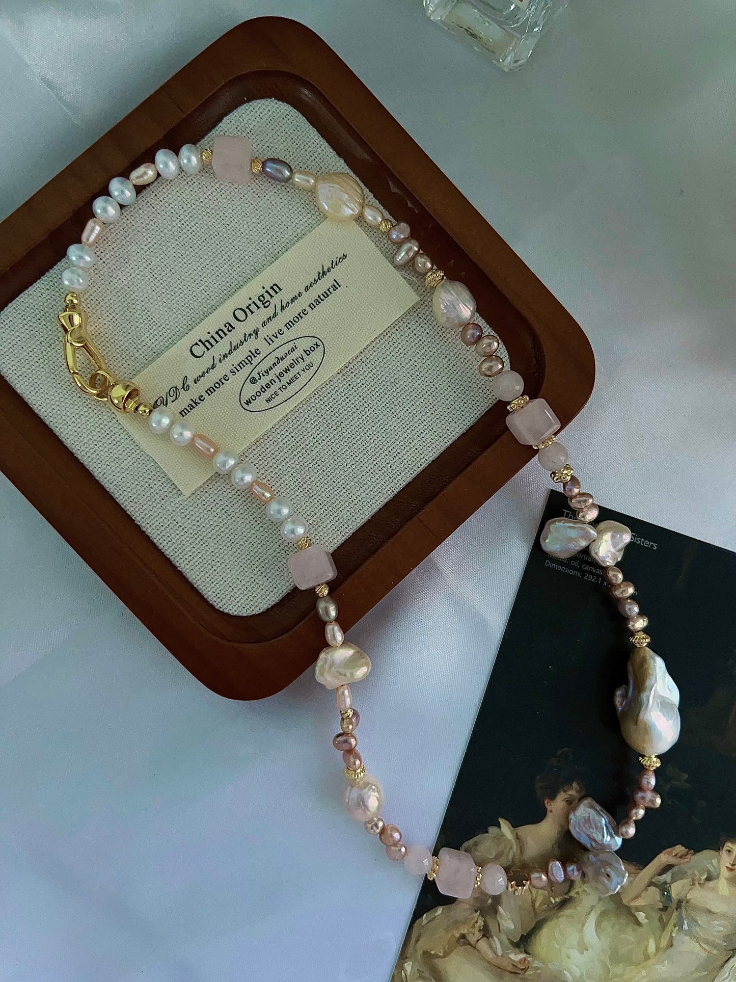 #PN1204 freshwater Pearl necklace rose quartz cube wrinkle baroque lustrous petals golden fishtail baroque metallic rice pearl