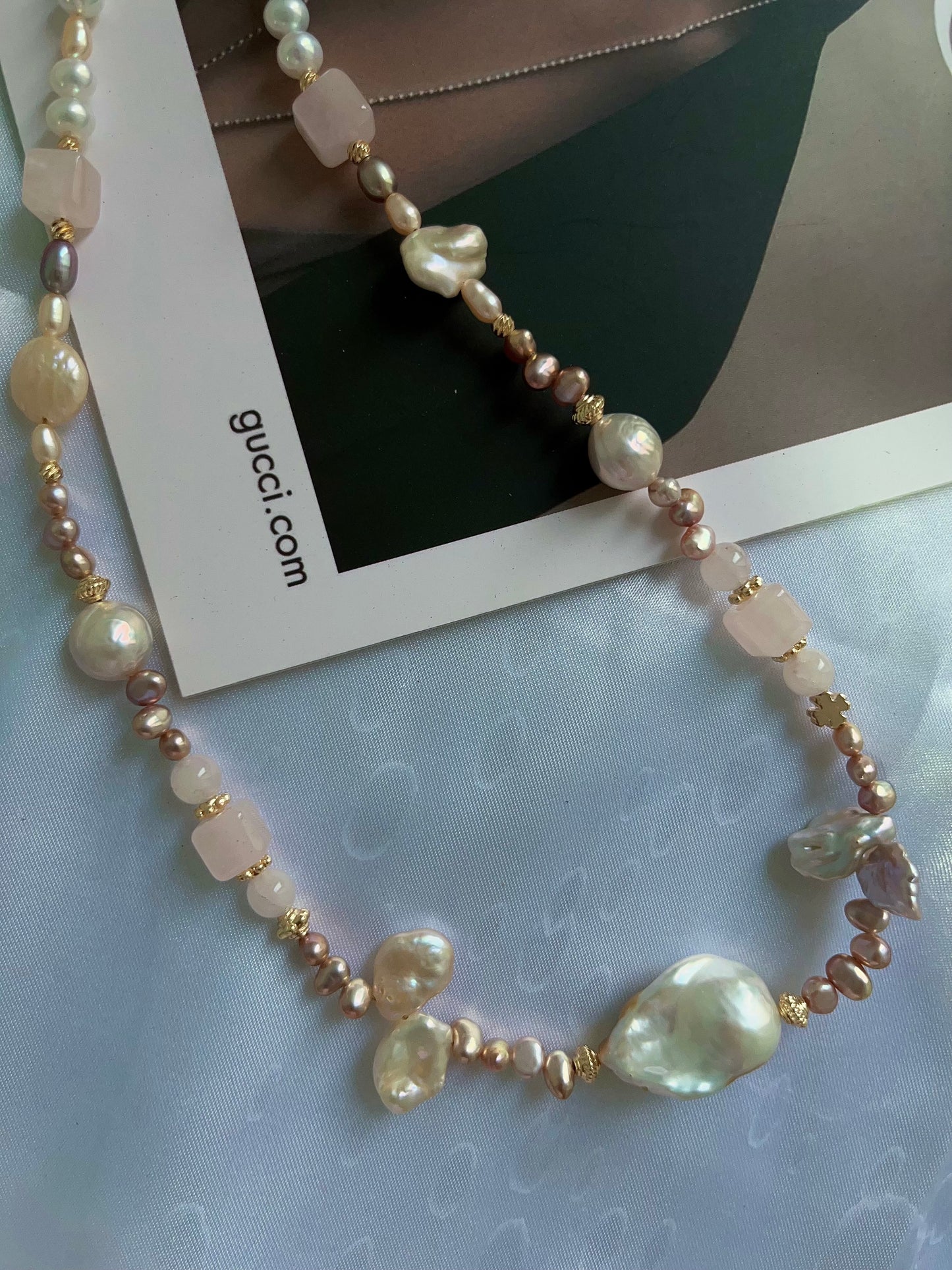 #PN1204 freshwater Pearl necklace rose quartz cube wrinkle baroque lustrous petals golden fishtail baroque metallic rice pearl