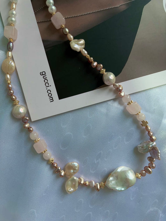 #PN1204 freshwater Pearl necklace rose quartz cube wrinkle baroque lustrous petals golden fishtail baroque metallic rice pearl