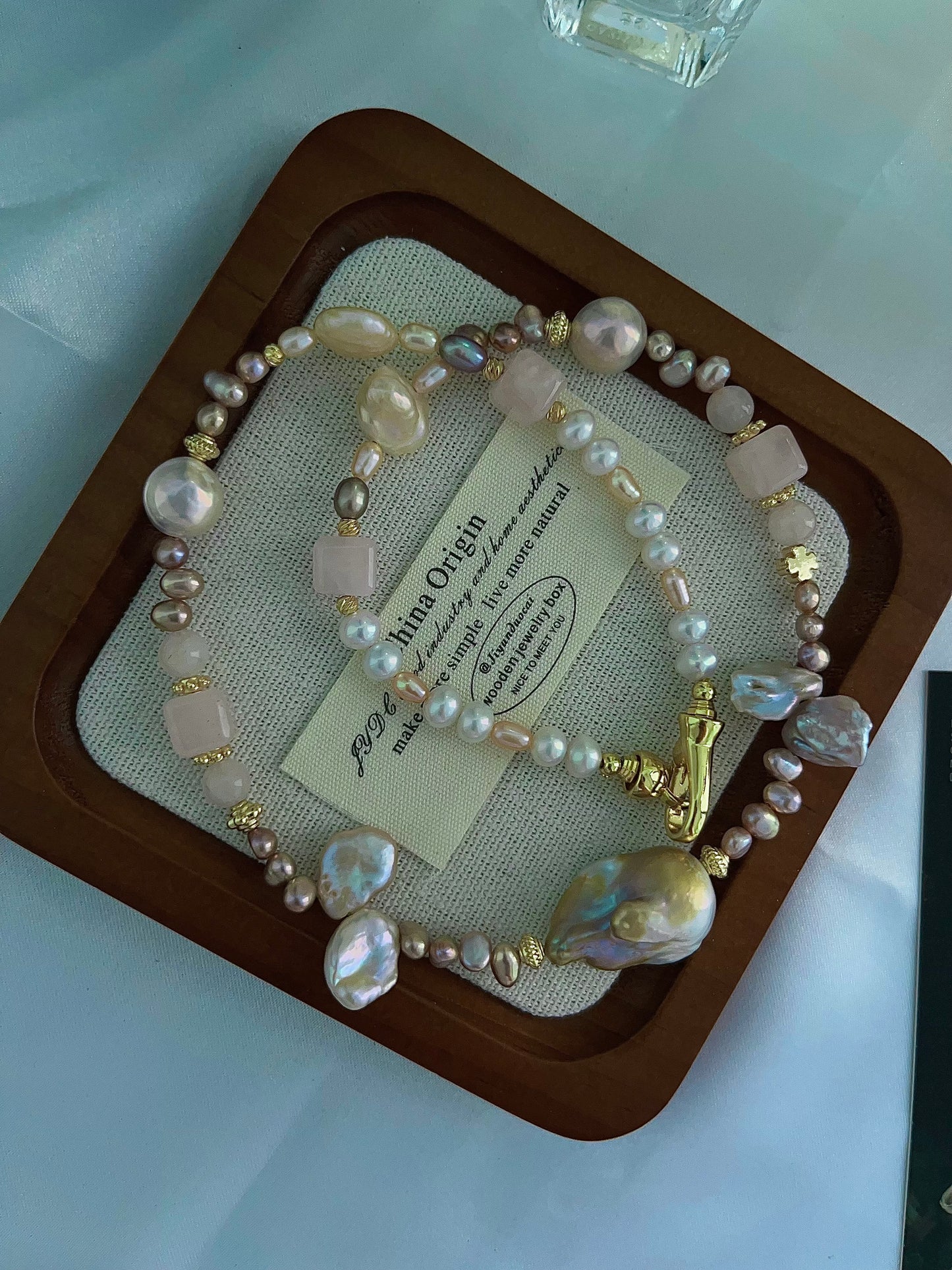 #PN1204 freshwater Pearl necklace rose quartz cube wrinkle baroque lustrous petals golden fishtail baroque metallic rice pearl