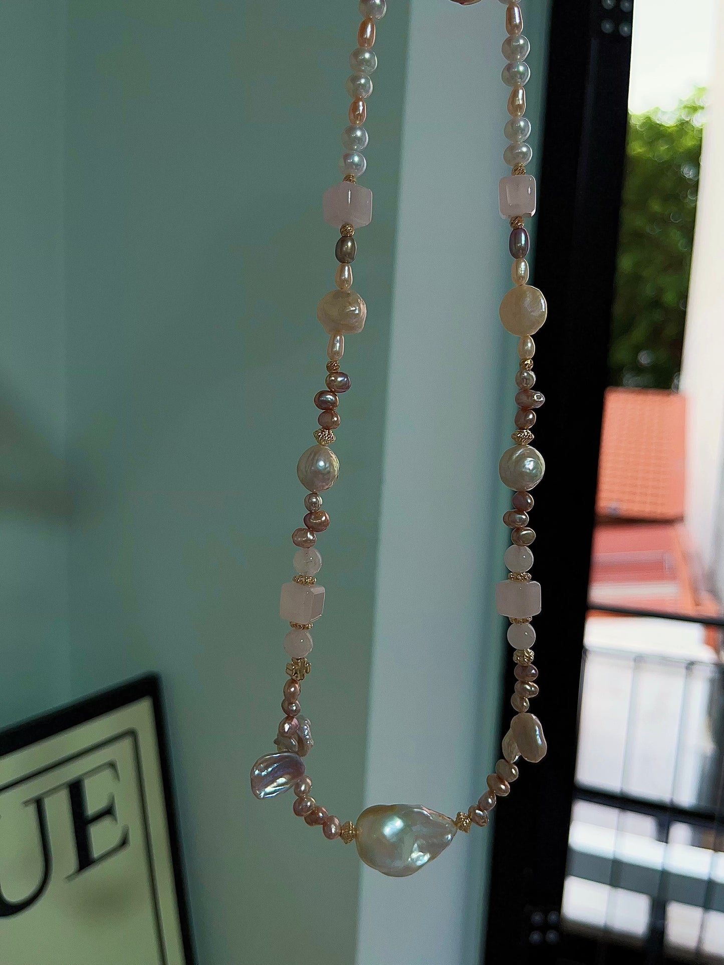 #PN1204 freshwater Pearl necklace rose quartz cube wrinkle baroque lustrous petals golden fishtail baroque metallic rice pearl