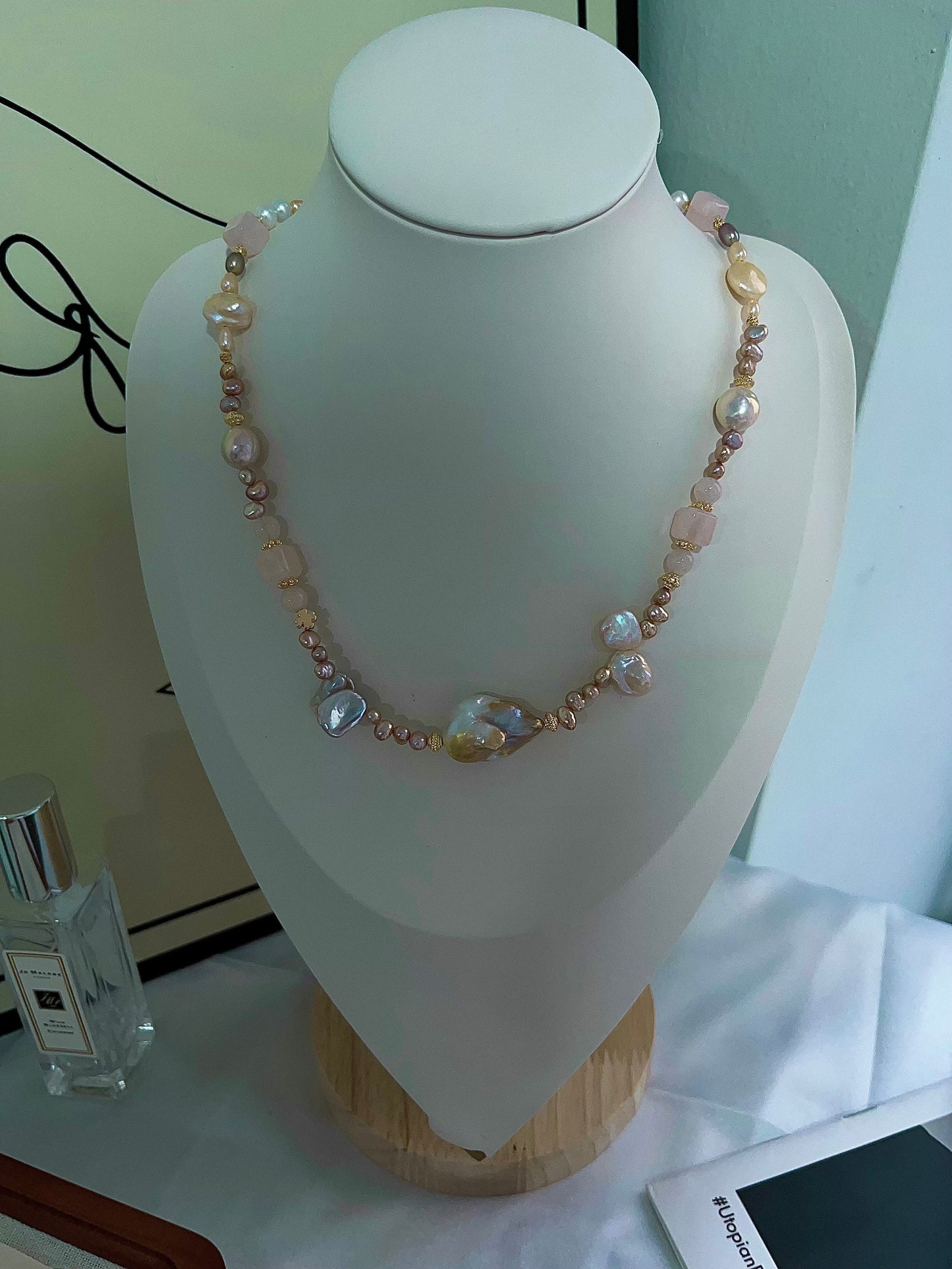 #PN1204 freshwater Pearl necklace rose quartz cube wrinkle baroque lustrous petals golden fishtail baroque metallic rice pearl