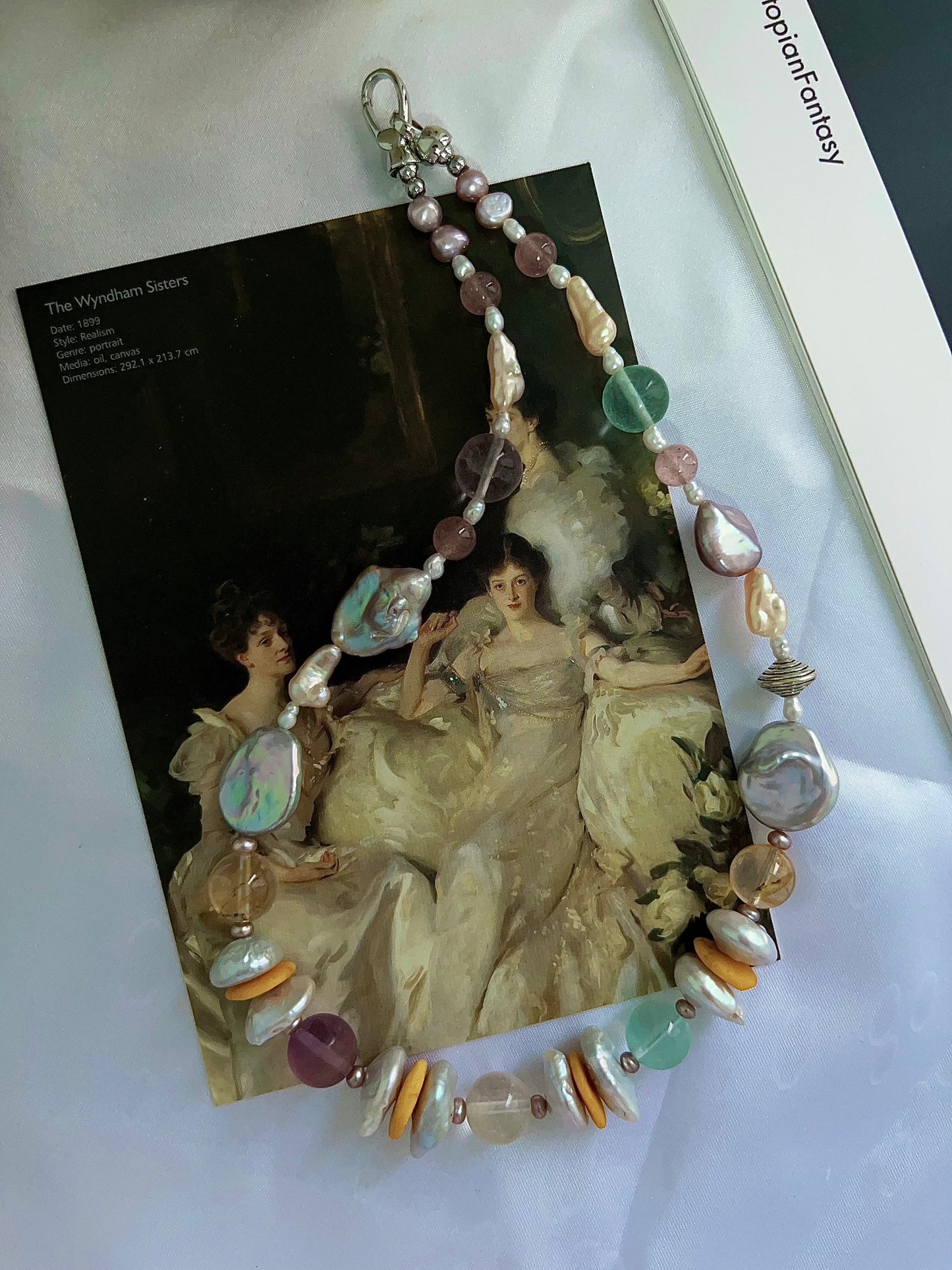 #PN1203 freshwater Pearl necklace rainbow palette fluorite big oval baroque citrine beeswax coin strawberry quartz