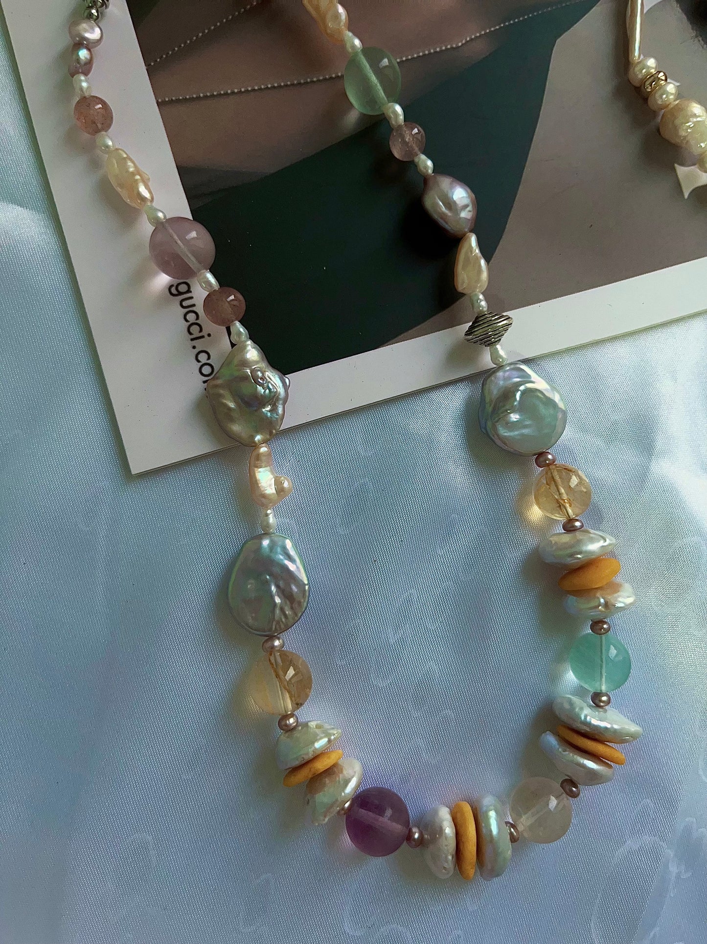 #PN1203 freshwater Pearl necklace rainbow palette fluorite big oval baroque citrine beeswax coin strawberry quartz