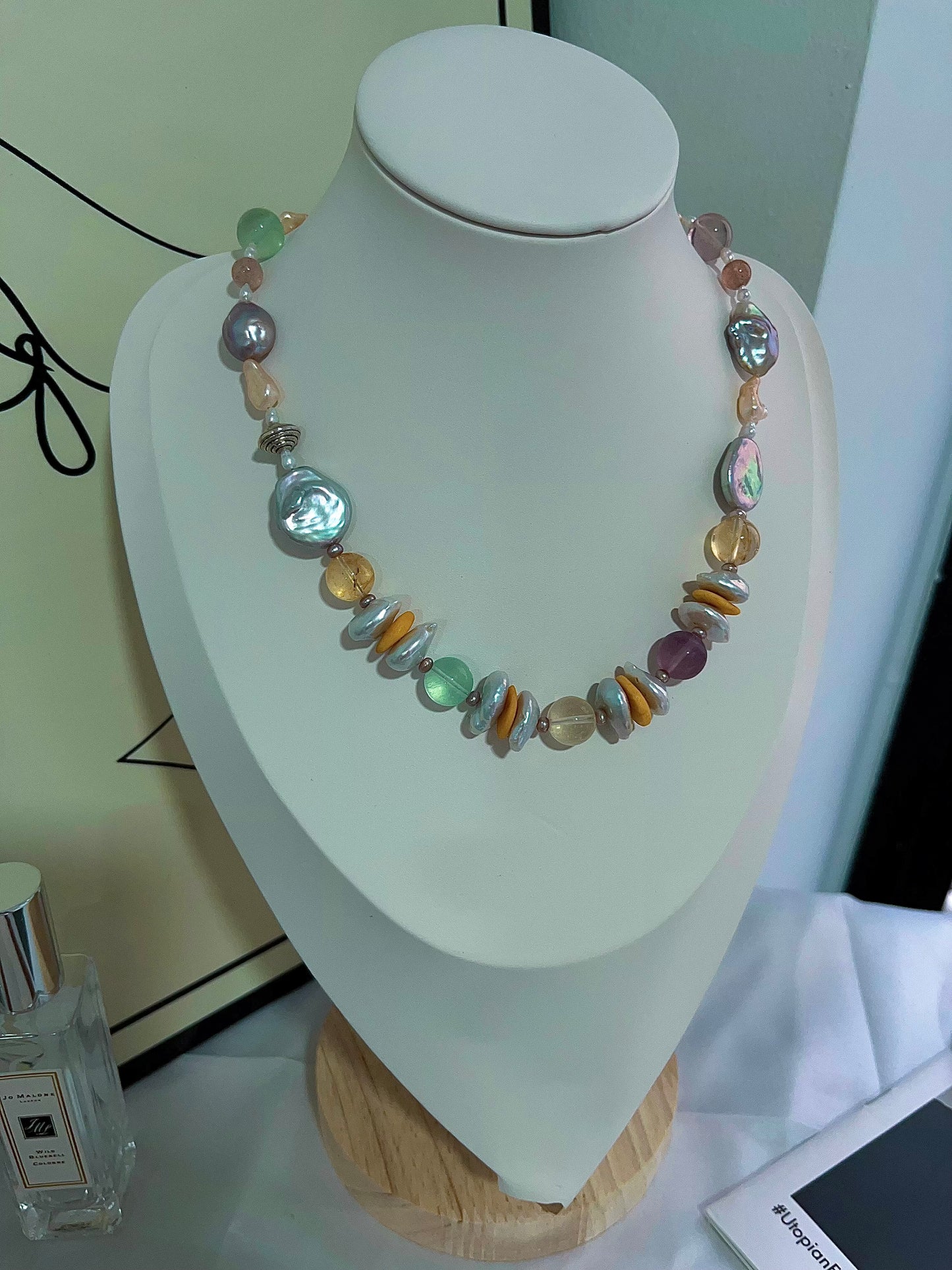 #PN1203 freshwater Pearl necklace rainbow palette fluorite big oval baroque citrine beeswax coin strawberry quartz