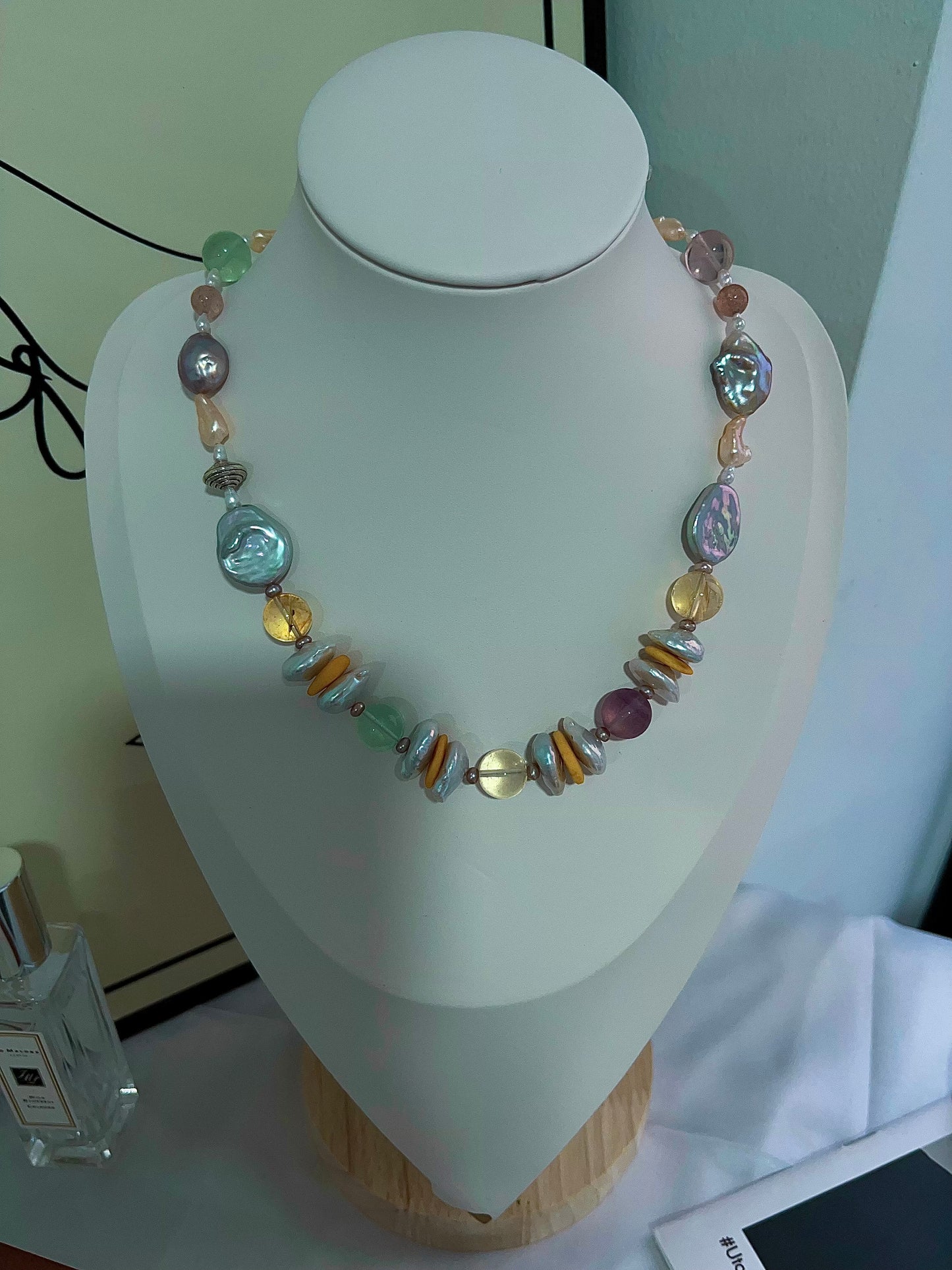 #PN1203 freshwater Pearl necklace rainbow palette fluorite big oval baroque citrine beeswax coin strawberry quartz