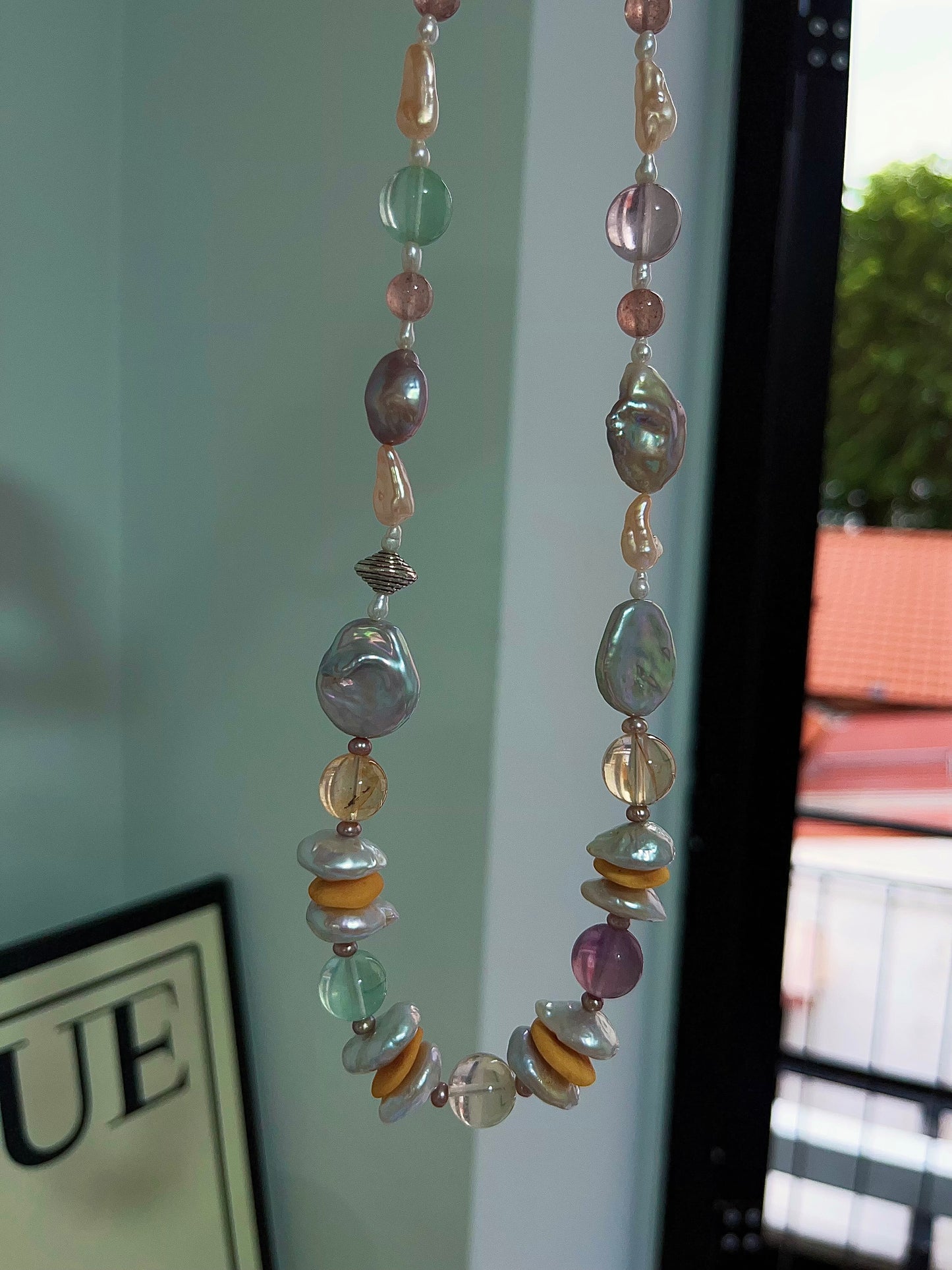 #PN1203 freshwater Pearl necklace rainbow palette fluorite big oval baroque citrine beeswax coin strawberry quartz