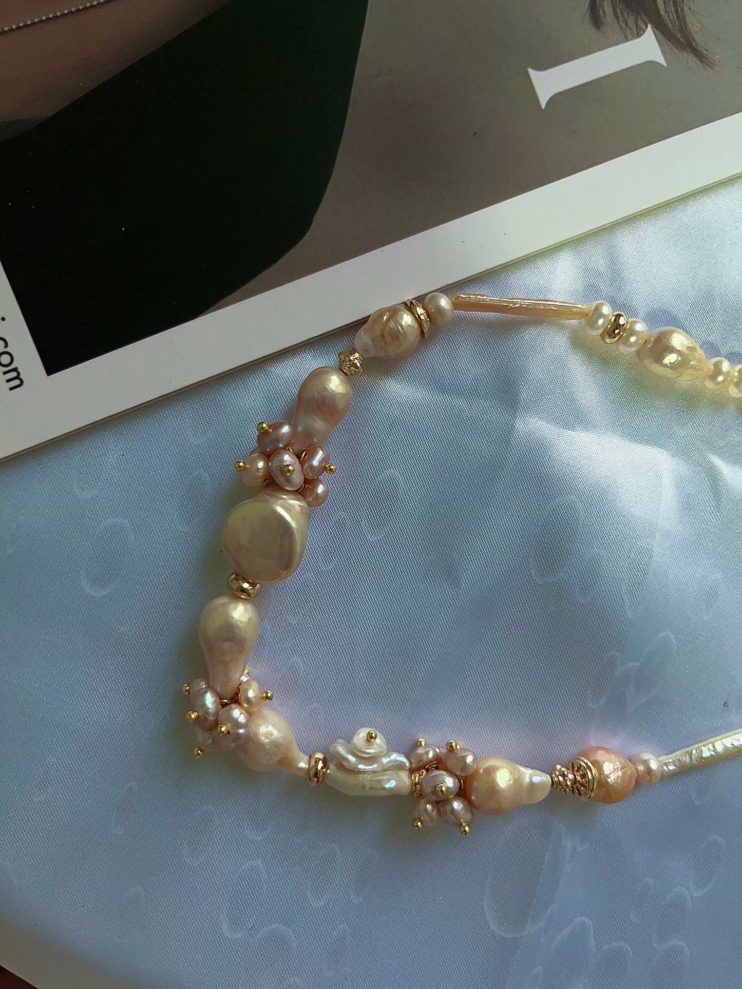#PN1199[Floral Series] freshwater pearl necklace petal-on-pearl waterdrop baroque wrinkle baroque