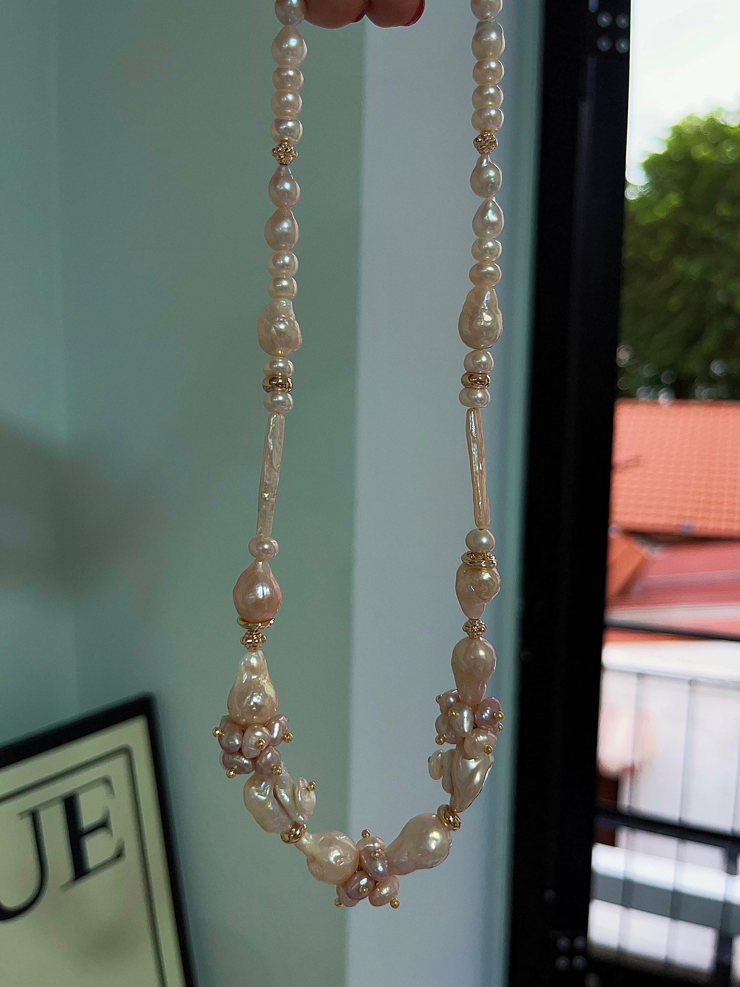 #PN1199[Floral Series] freshwater pearl necklace petal-on-pearl waterdrop baroque wrinkle baroque