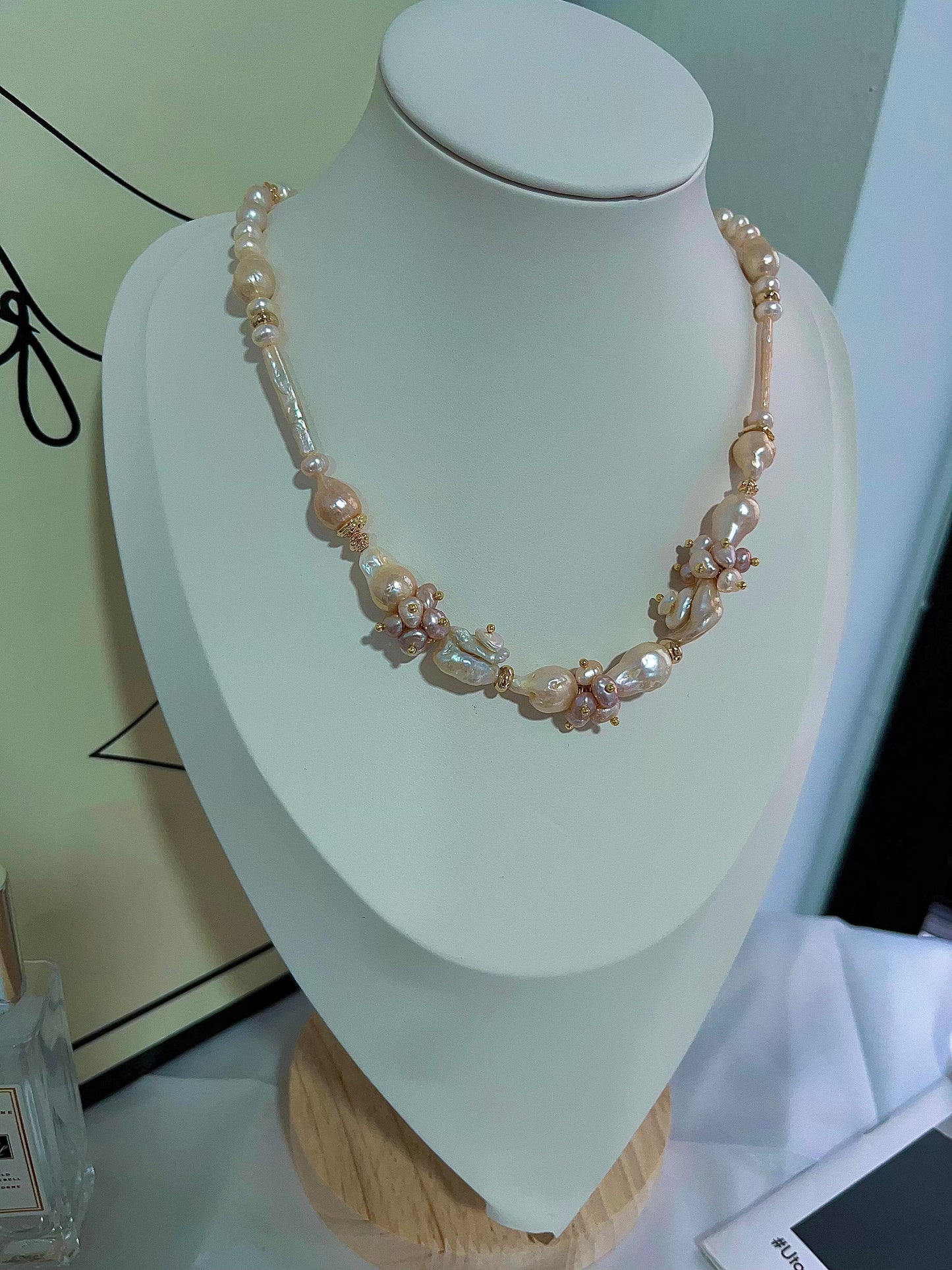 #PN1199[Floral Series] freshwater pearl necklace petal-on-pearl waterdrop baroque wrinkle baroque