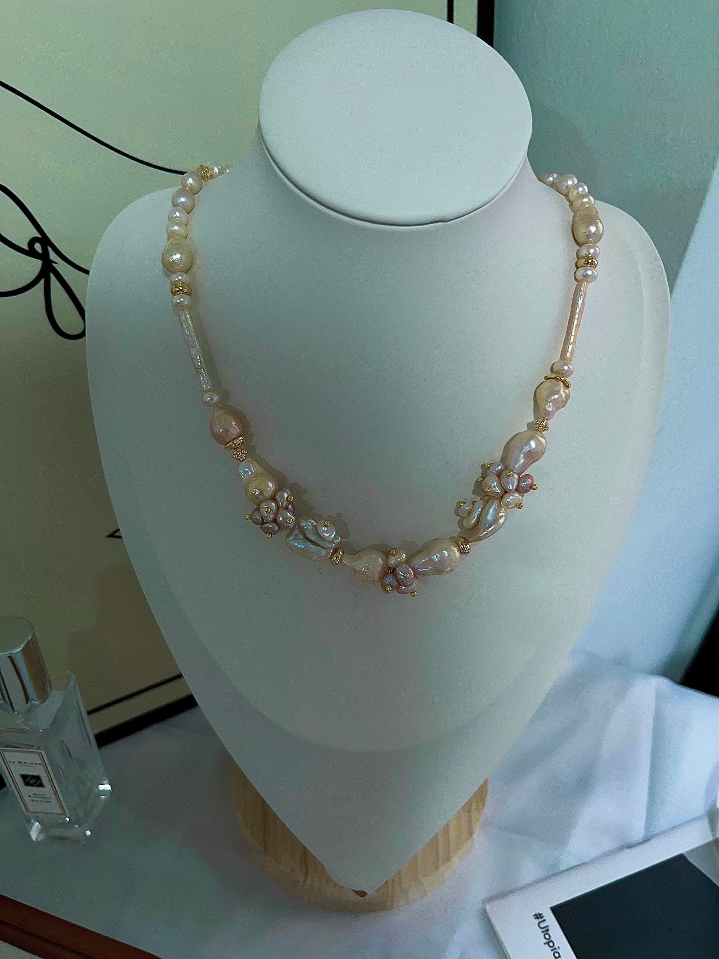 #PN1199[Floral Series] freshwater pearl necklace petal-on-pearl waterdrop baroque wrinkle baroque